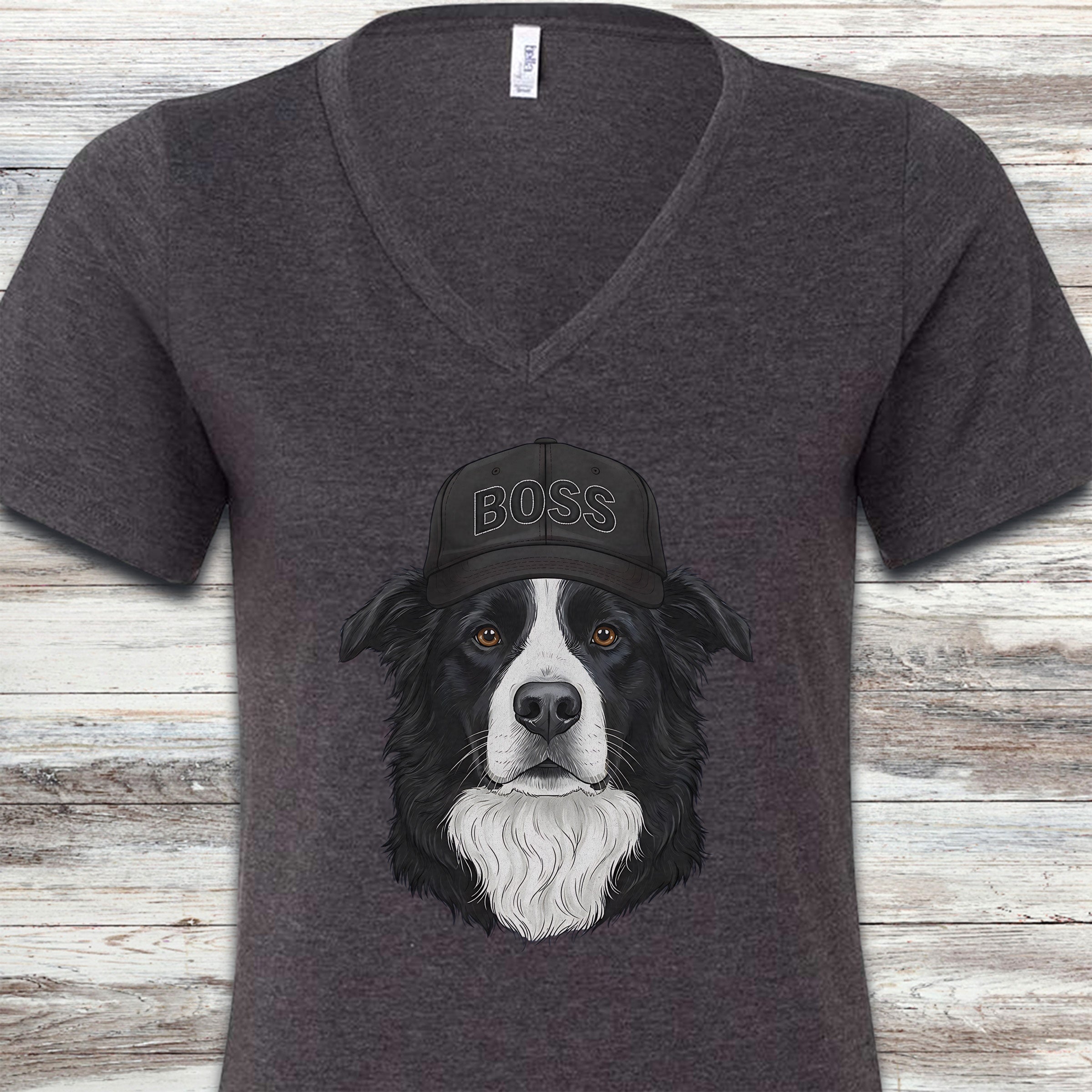 Border Collie Boss Hat V-Neck Tee - Dark Grey Heather
