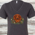 Dachshund Winter Greenery Faux Embroidery V-Neck Tee - Dark Grey Heather