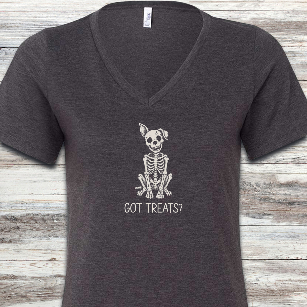 Skelly Dog Got Treats V-Neck Tee - Dark Grey Heather