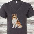 Rough Collie Watercolor V-Neck Tee - Dark Grey Heather