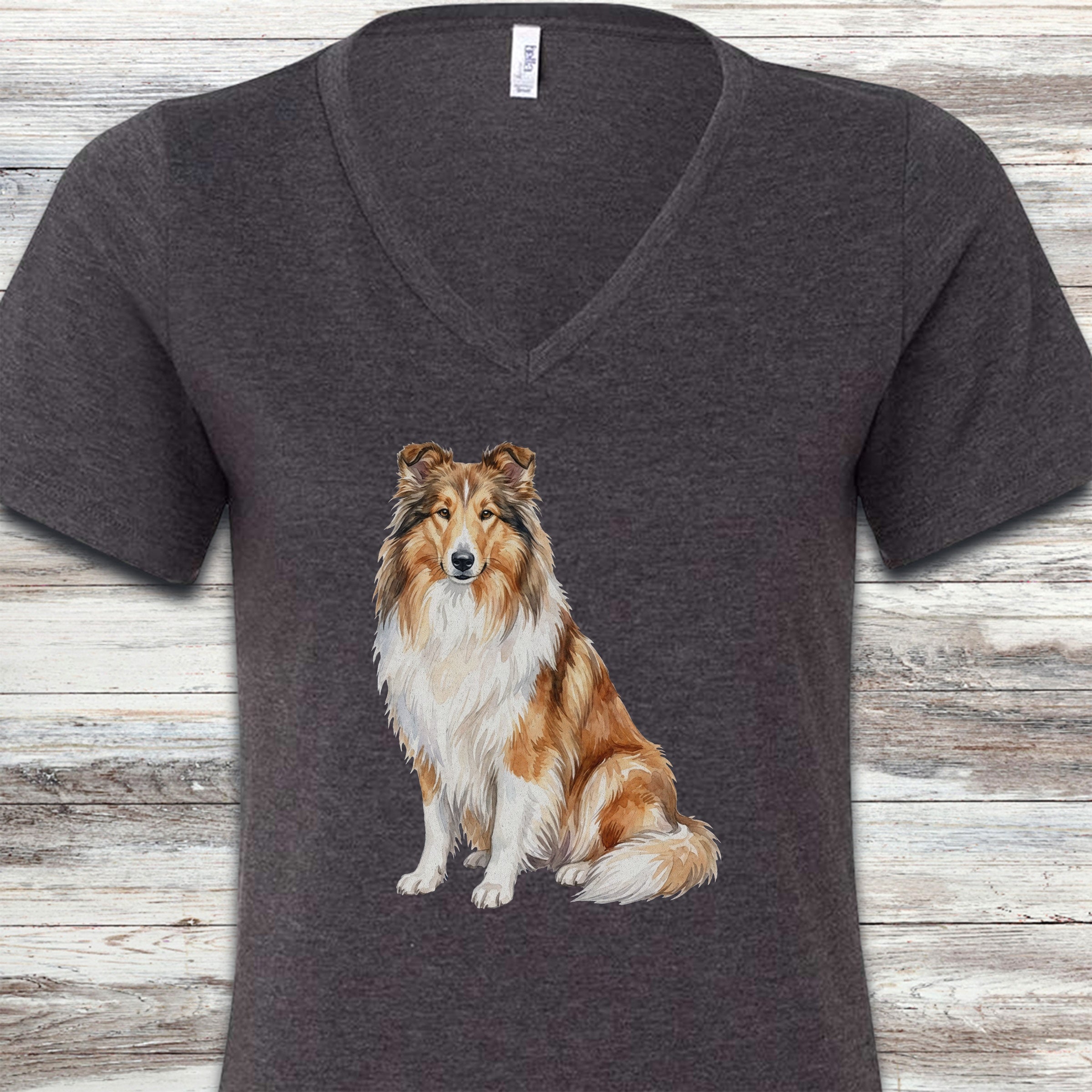 Rough Collie Watercolor V-Neck Tee - Dark Grey Heather