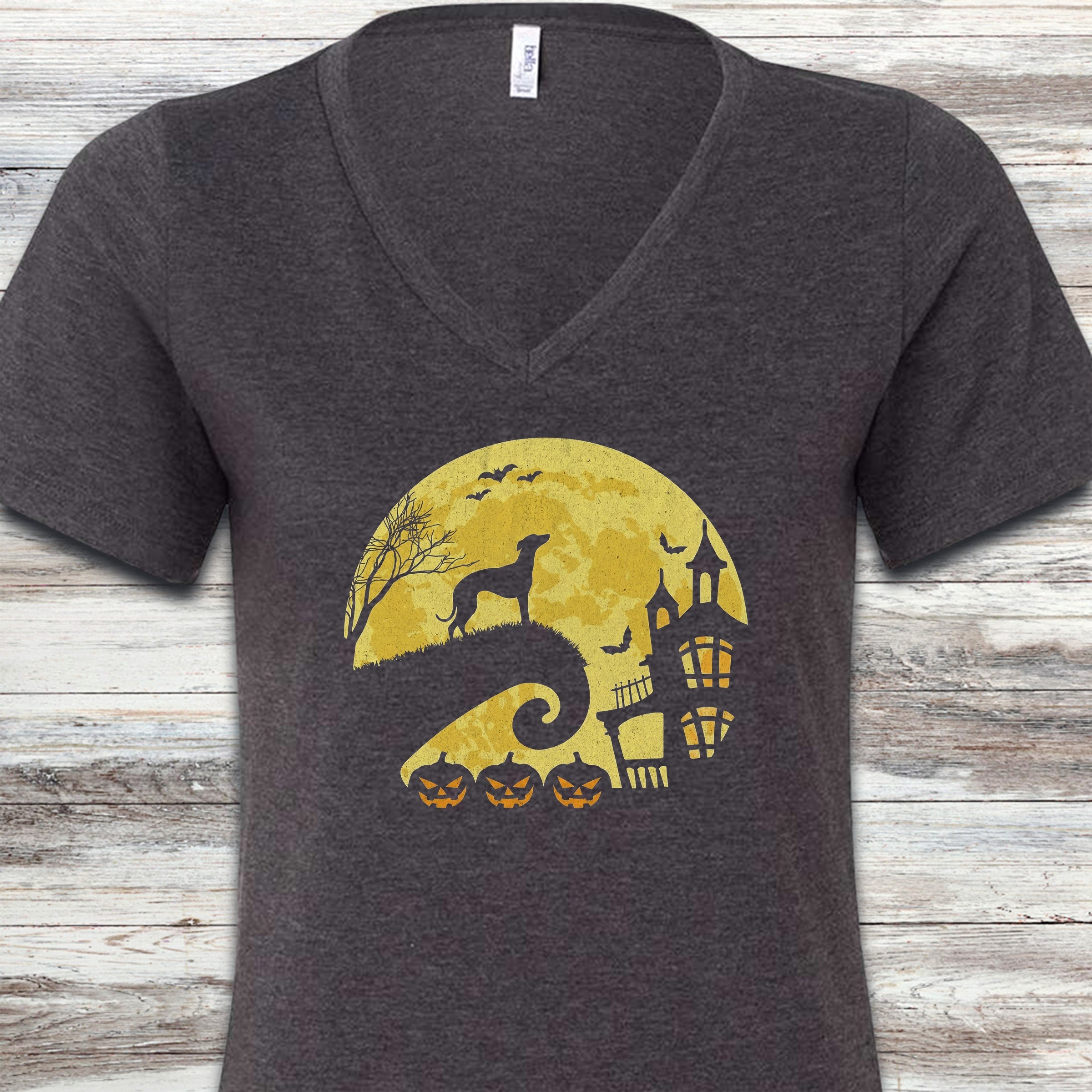 Whippet Halloween Moon V-Neck Tee - Dark Grey Heather