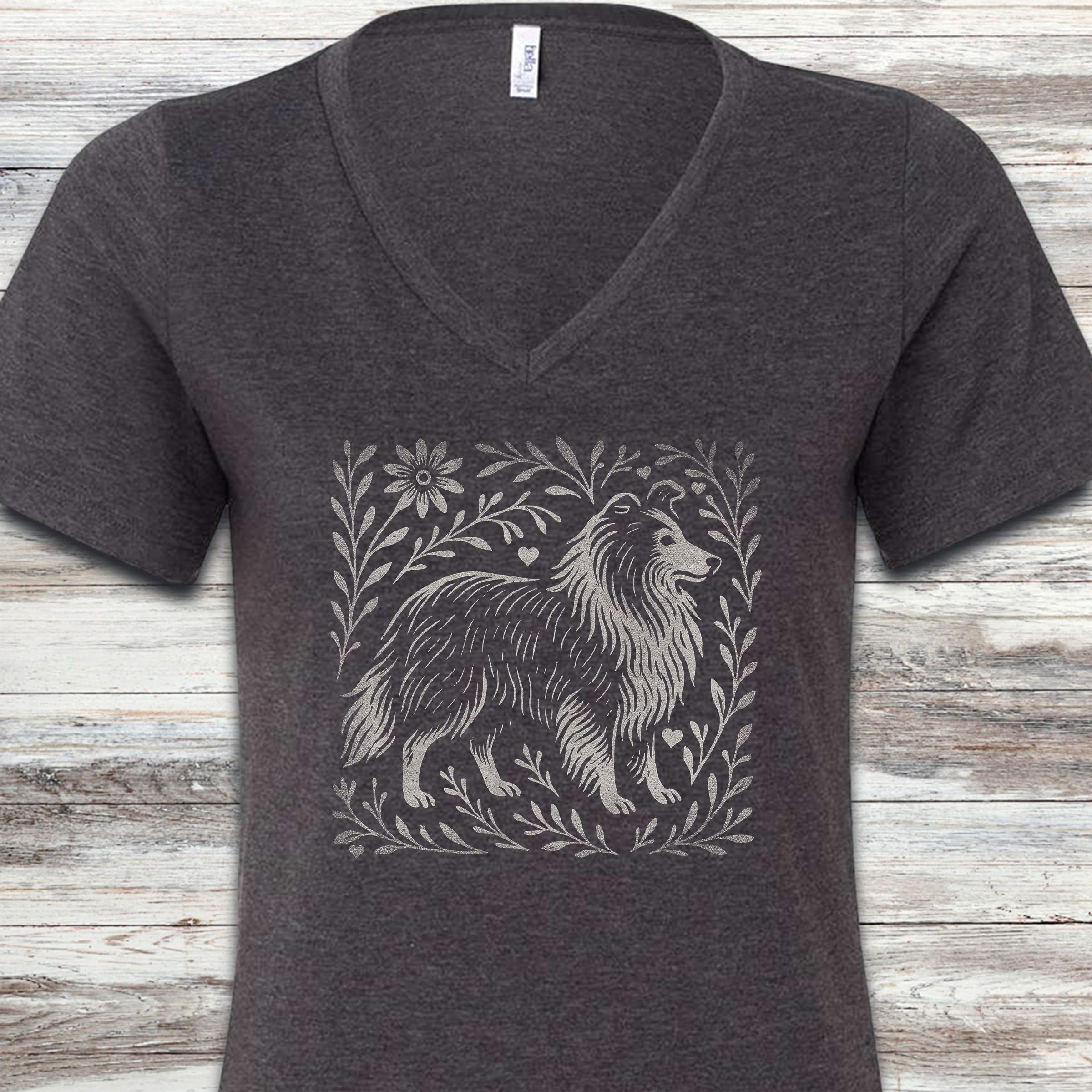 Shetland Sheepdog Linocut V-Neck Tee - Dark Grey Heather