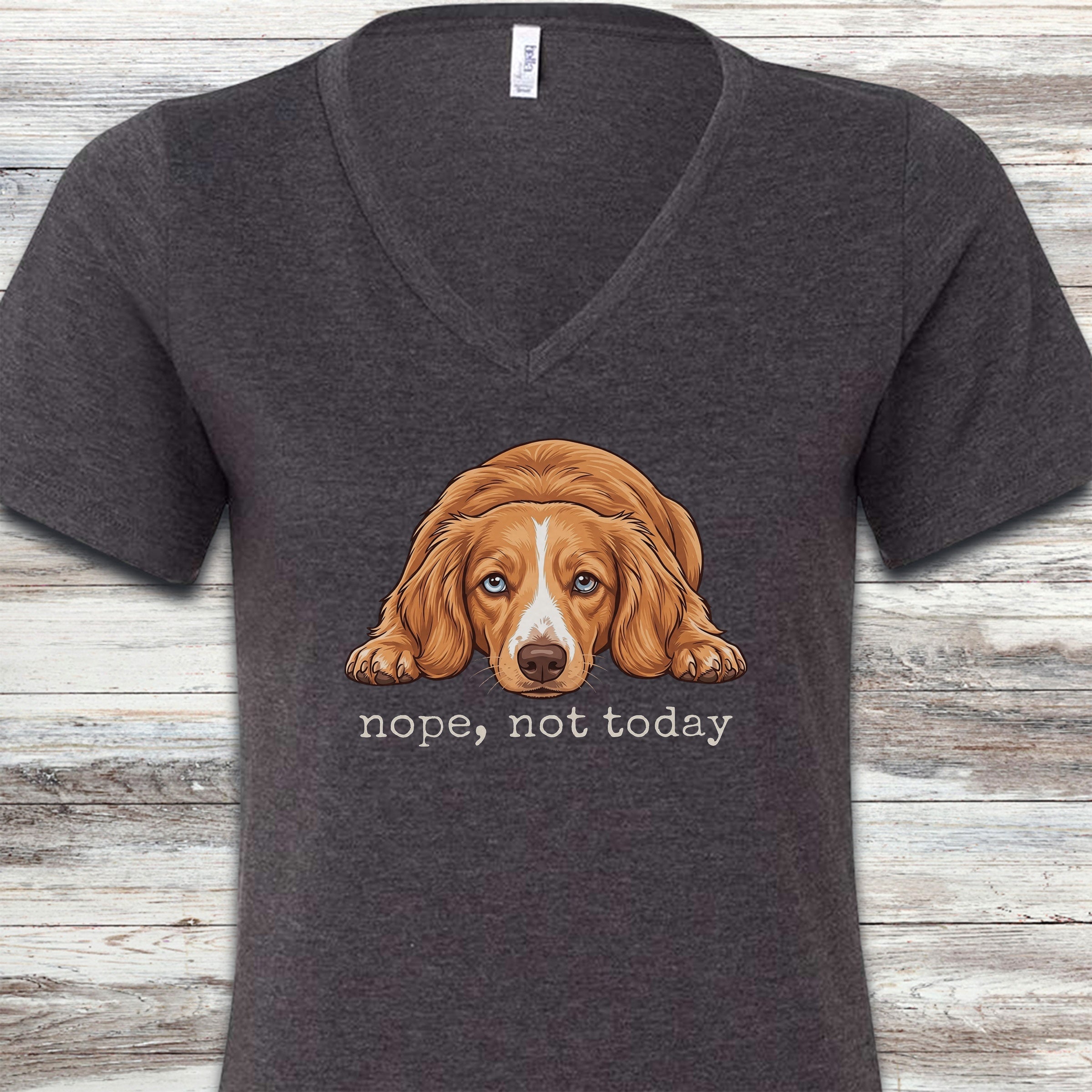 Dachshund Long Hair Red Piebald Nope V-Neck Tee - Dark Grey Heather