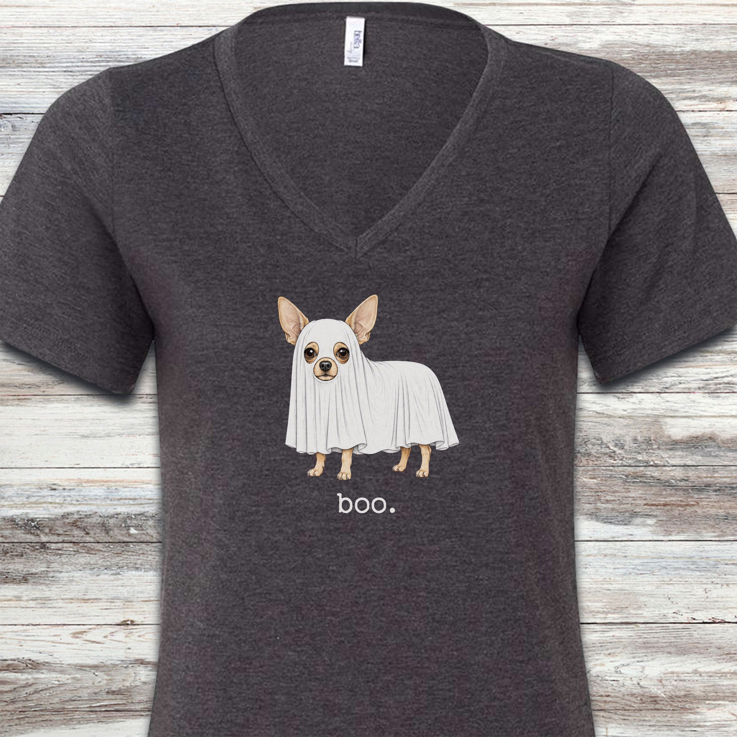 Chihuahua Boo V-Neck Tee - Dark Grey Heather