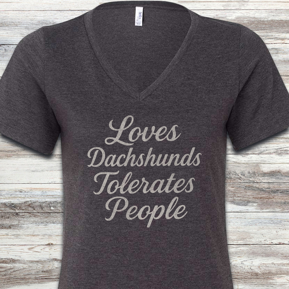 Dachshund Tolerates People V-Neck Tee - Dark Grey Heather