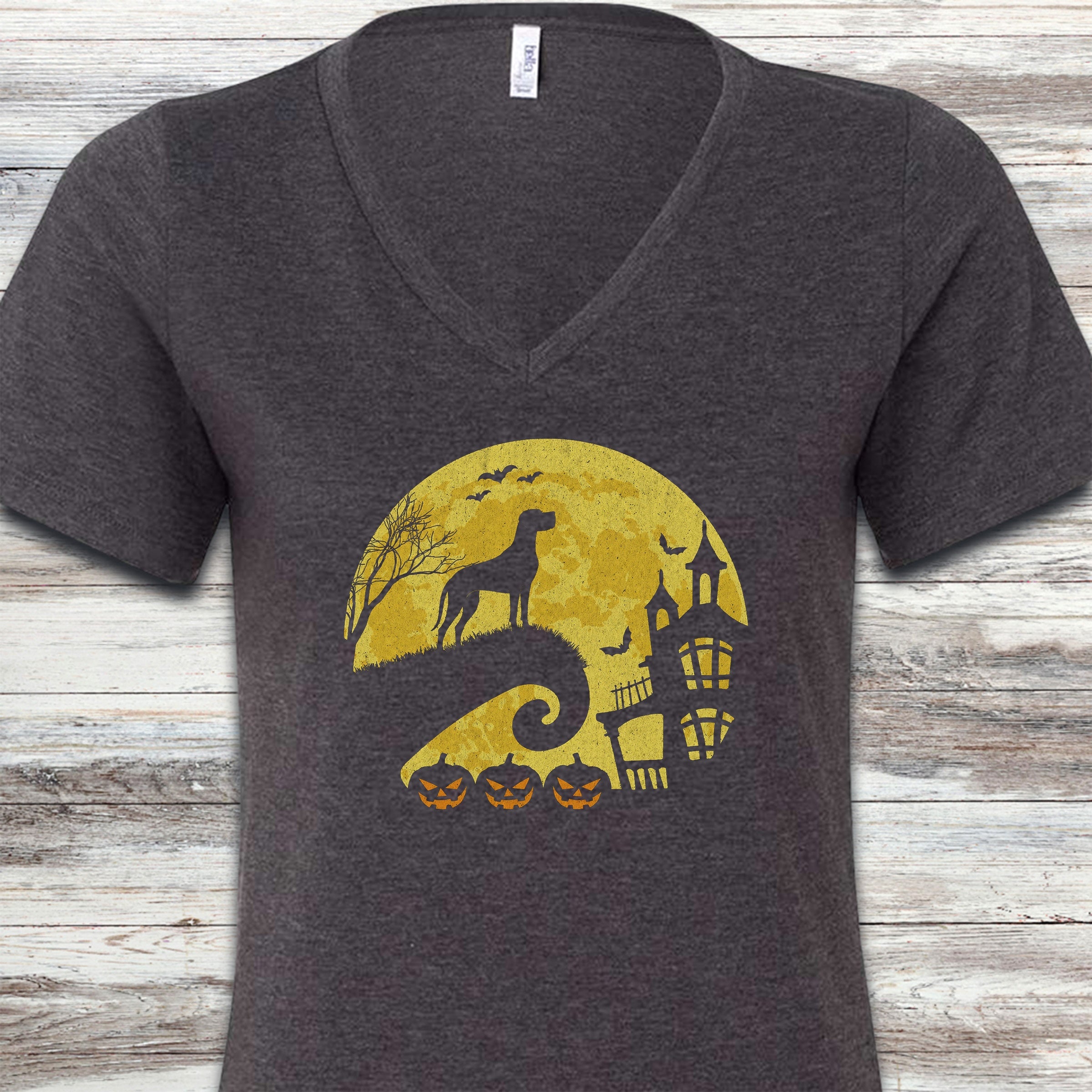 Great Dane Halloween Moon V-Neck Tee - Dark Grey Heather