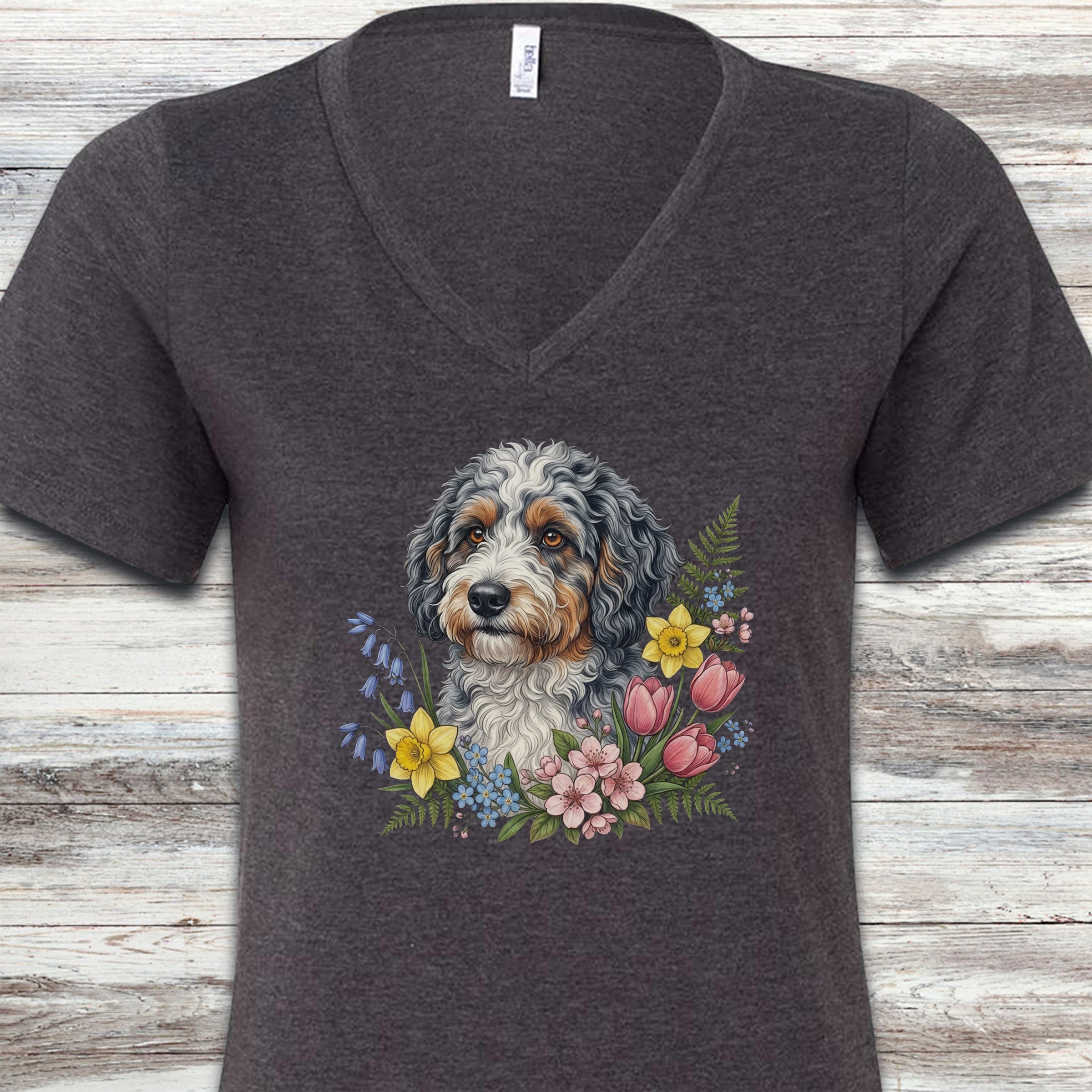 Aussiedoodle Spring Portrait V-Neck Tee - Dark Grey Heather