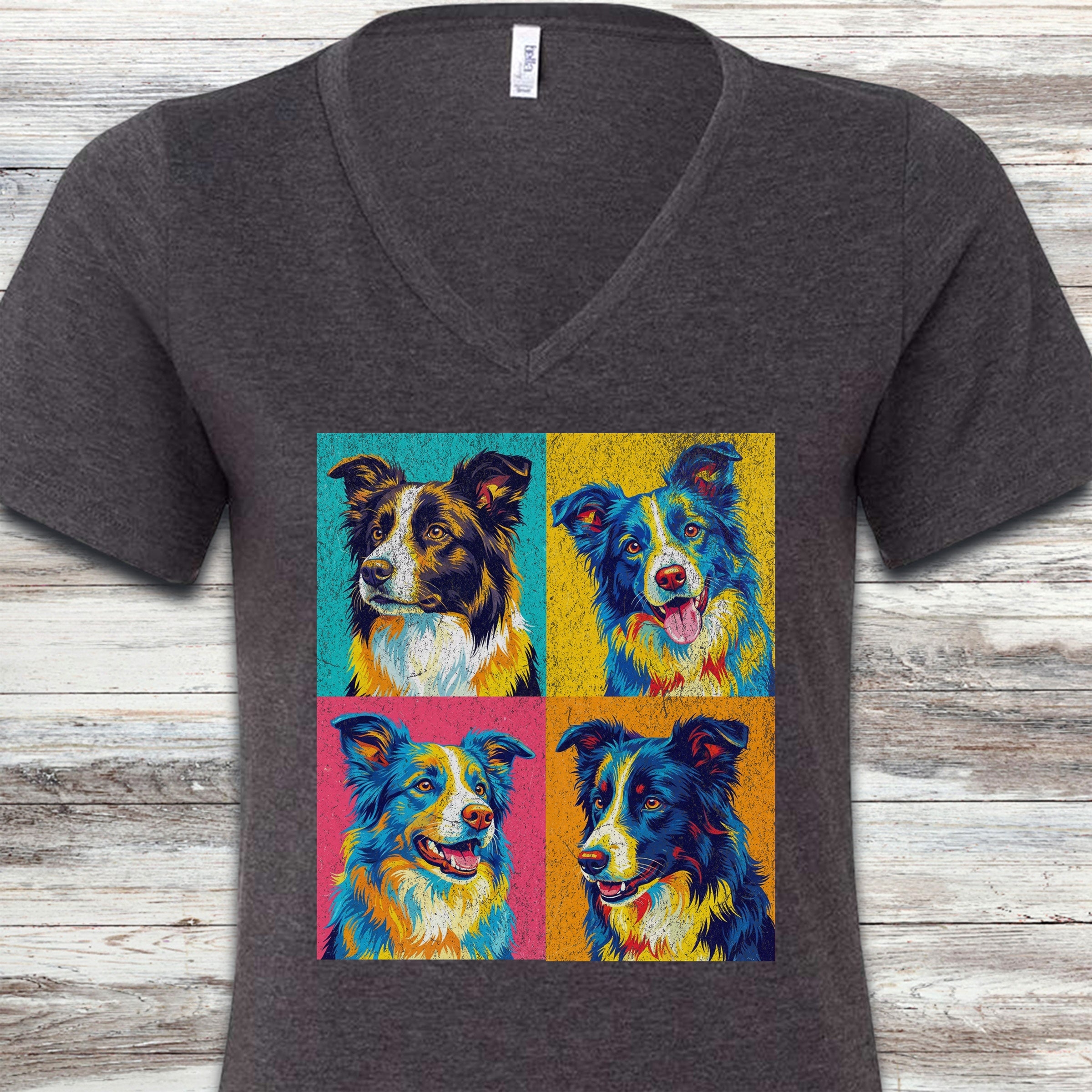 Border Collie Pop Art V-Neck Tee - Dark Grey Heather