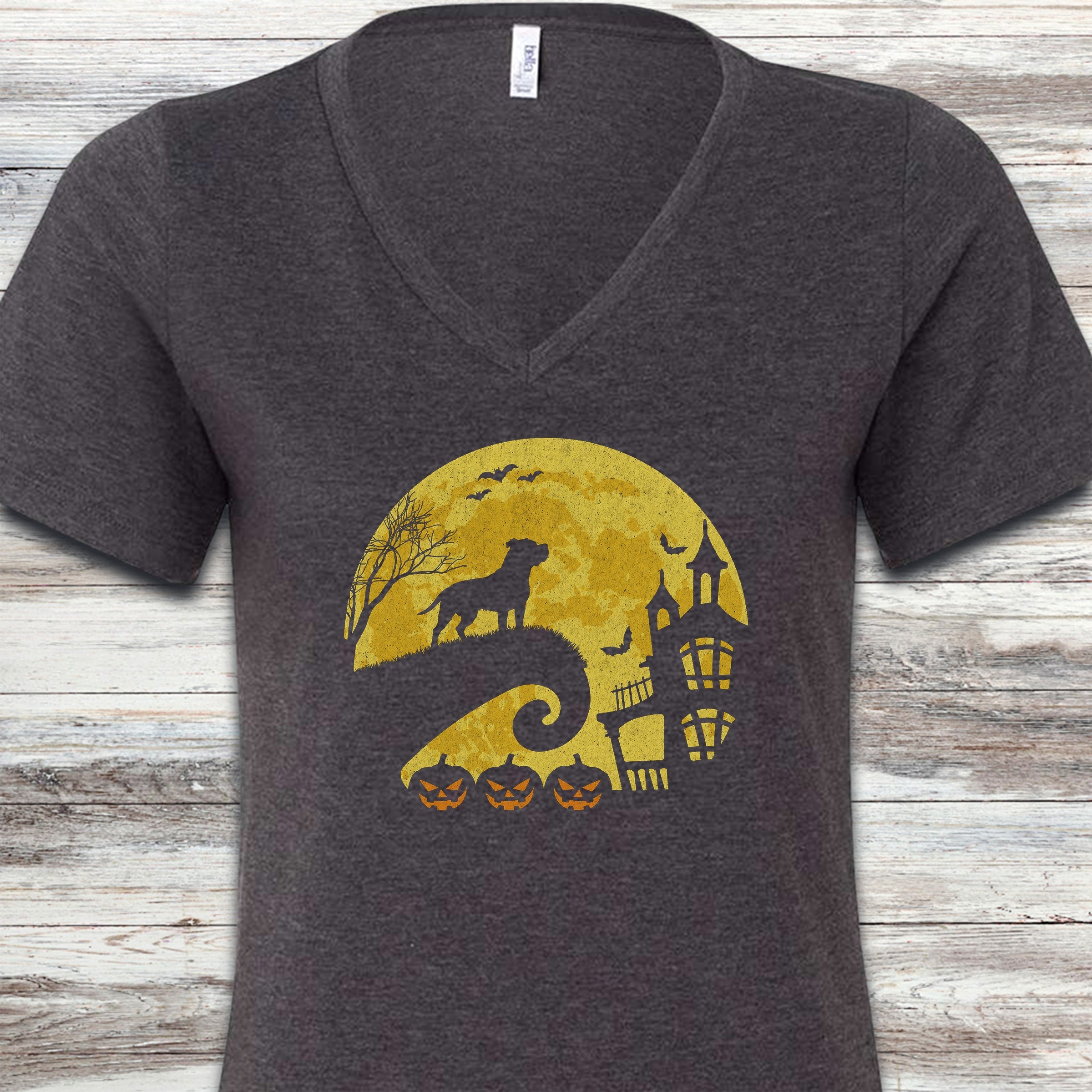 Pit Bull Halloween Moon V-Neck Tee - Dark Grey Heather