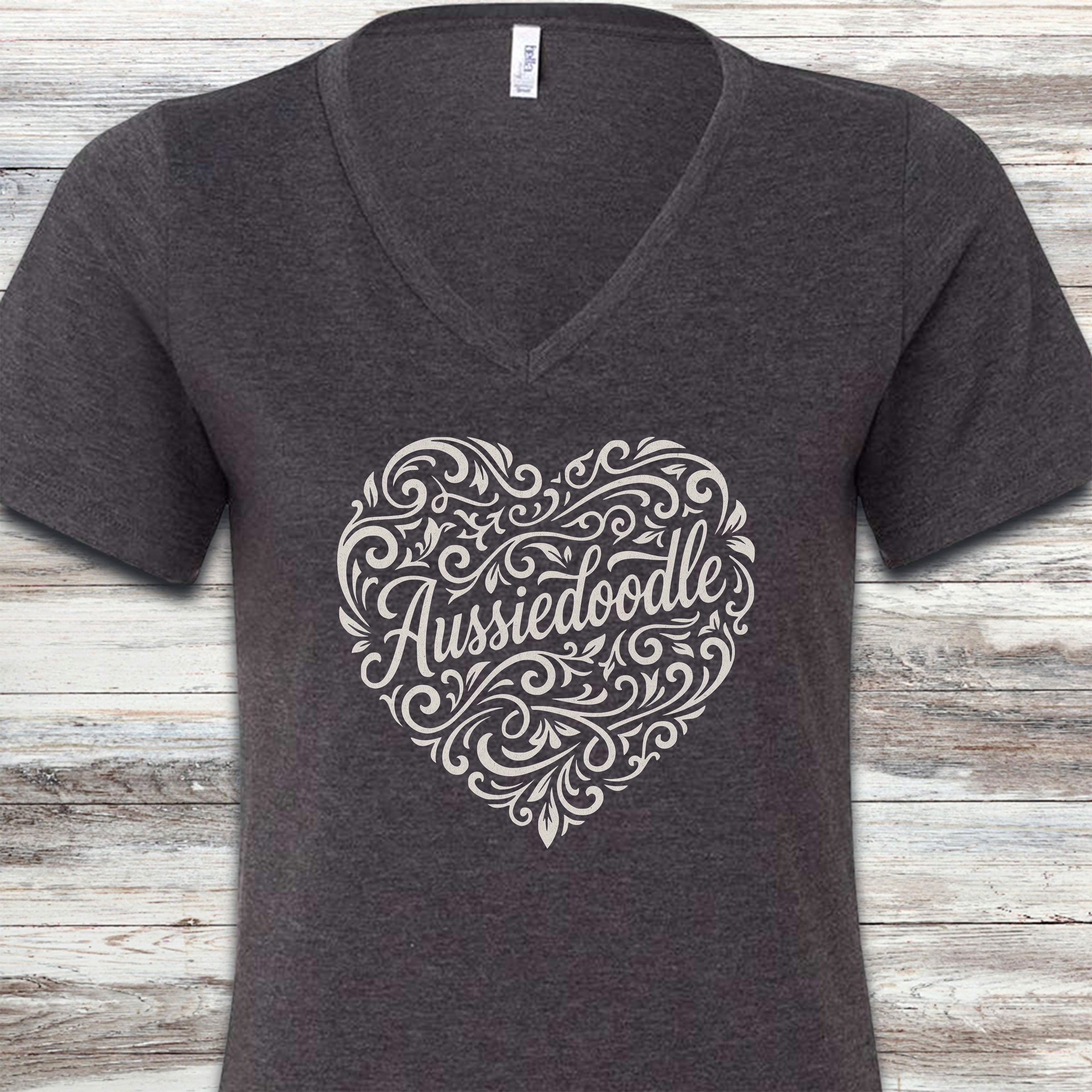 Aussiedoodle Heart Script V-Neck Tee - Dark Grey Heather