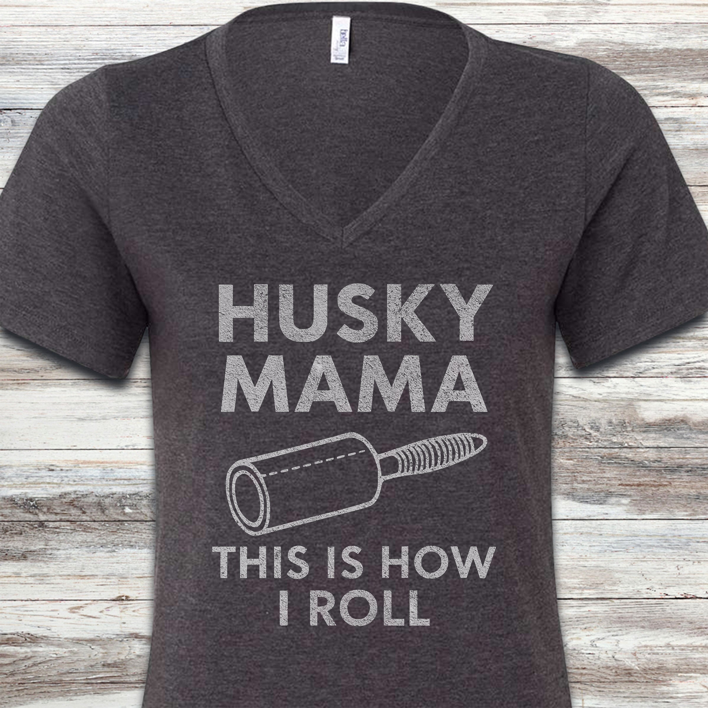 Husky Mama Roll V-Neck Tee - Dark Grey Heather