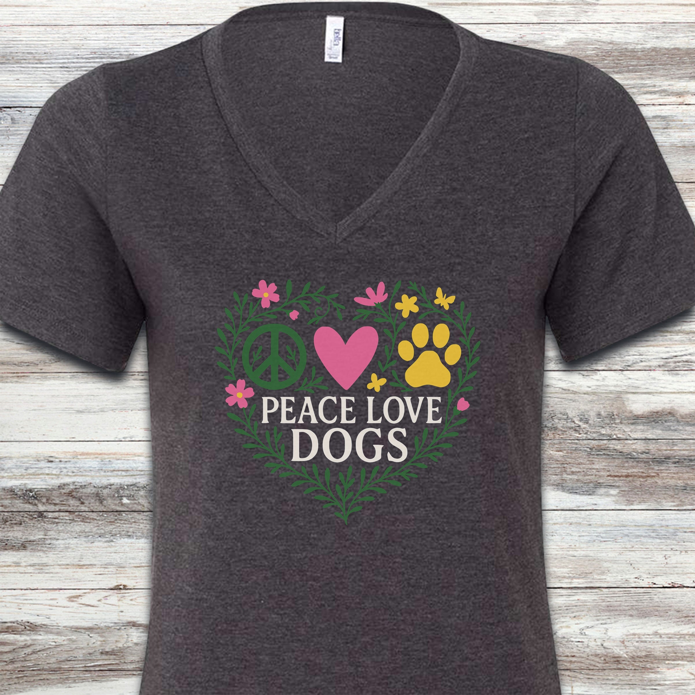 Peace Love Dogs Floral V-Neck Tee - Dark Grey Heather