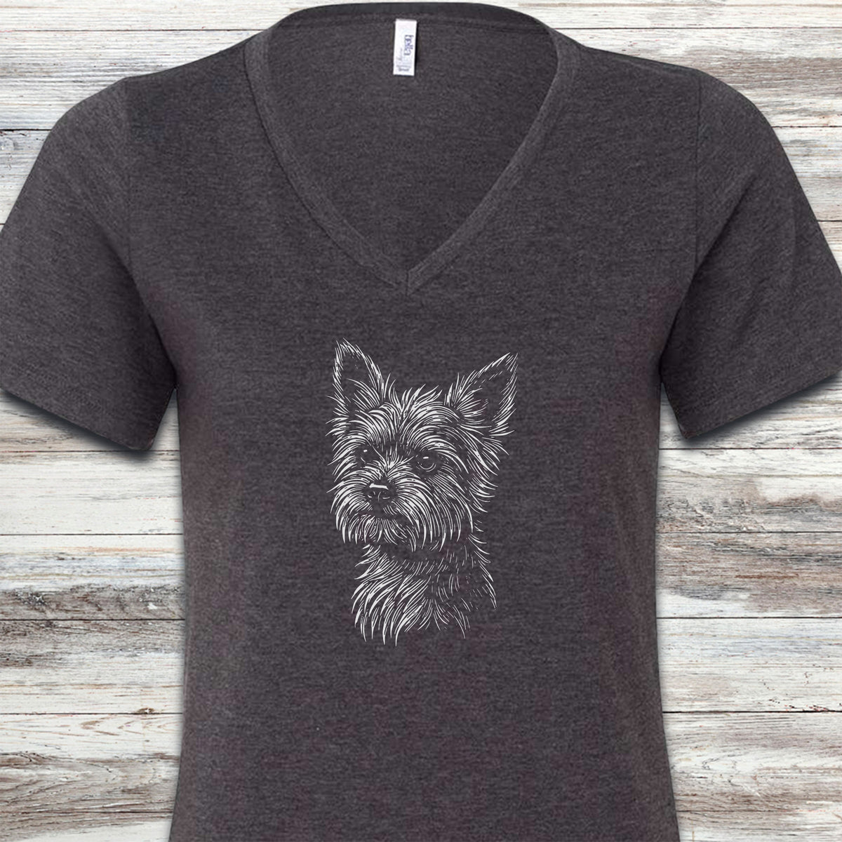 Yorkshire Terrier Sketch V-Neck Tee - Dark Grey Heather