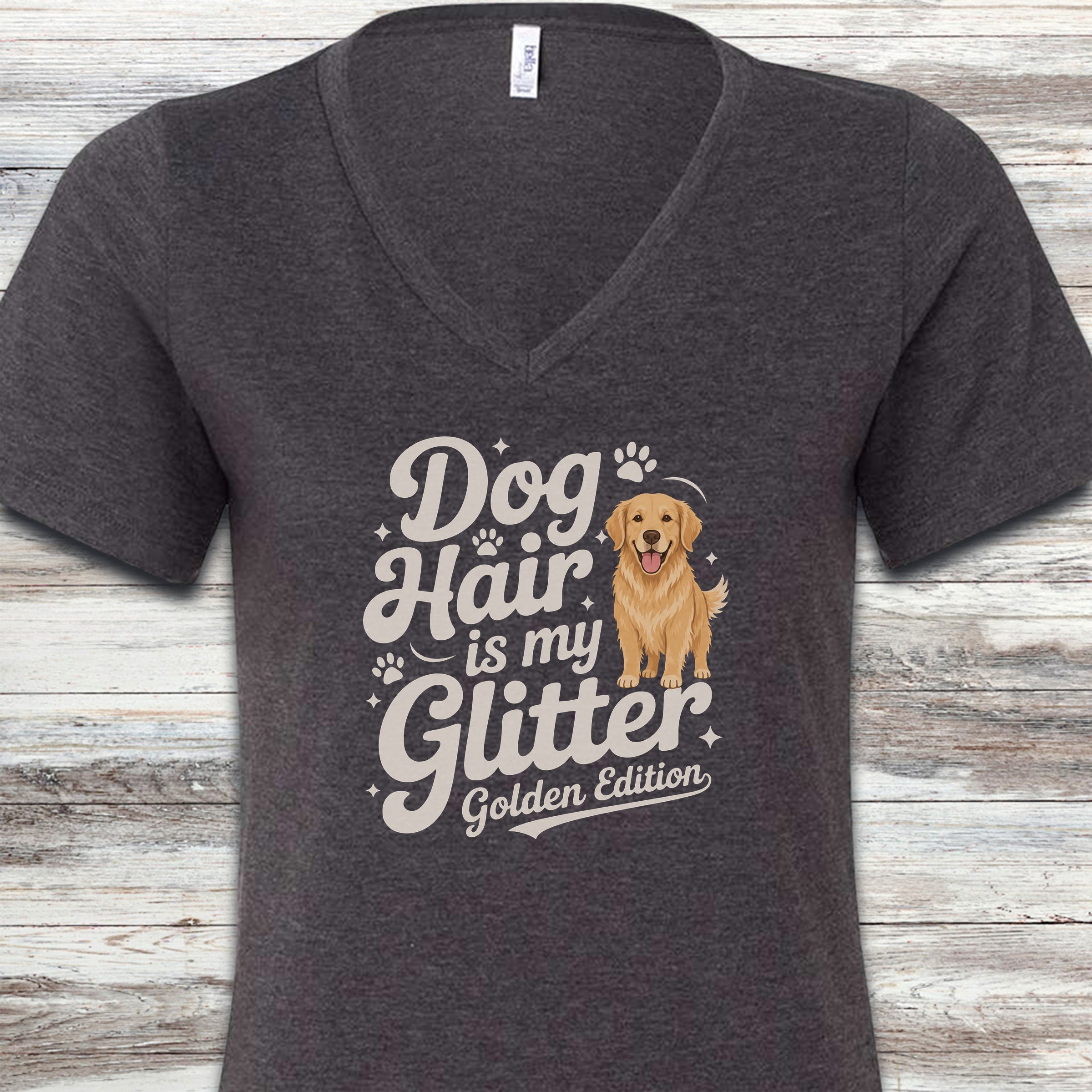 Golden Retriever Glitter V-Neck Tee - Dark Grey Heather
