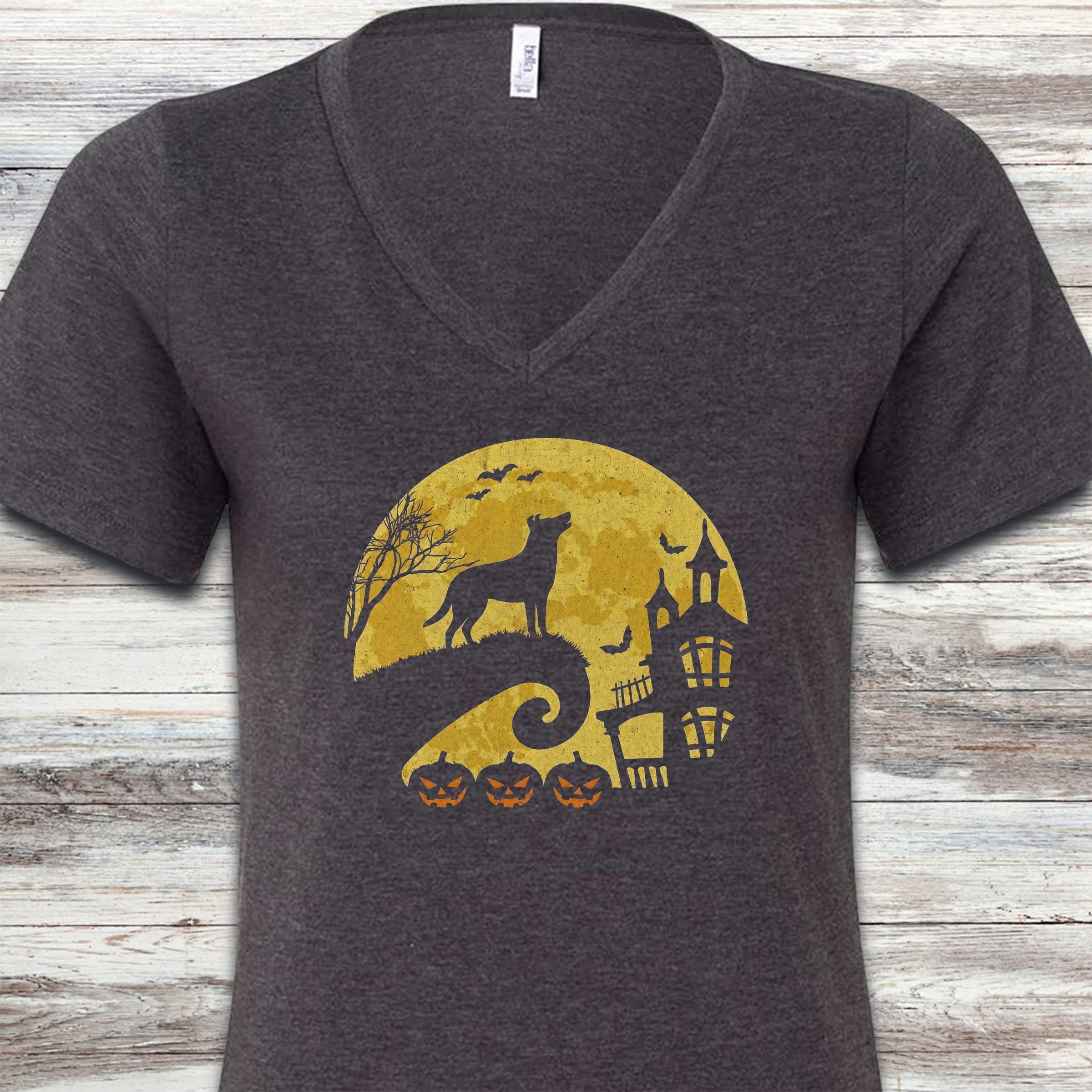 Smooth Collie Halloween Moon V-Neck Tee - Dark Grey Heather