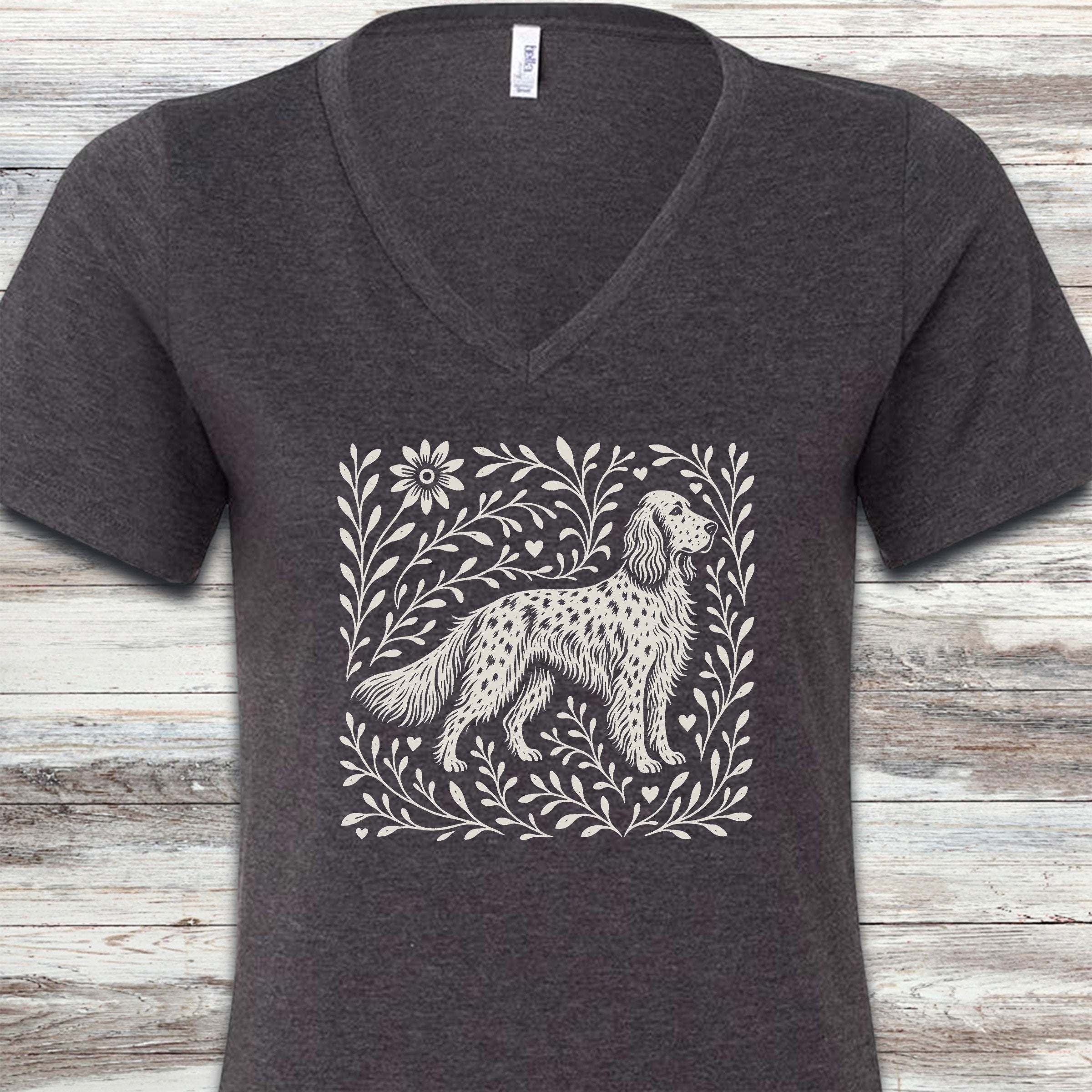 English Setter Linocut V-Neck Tee - Dark Grey Heather