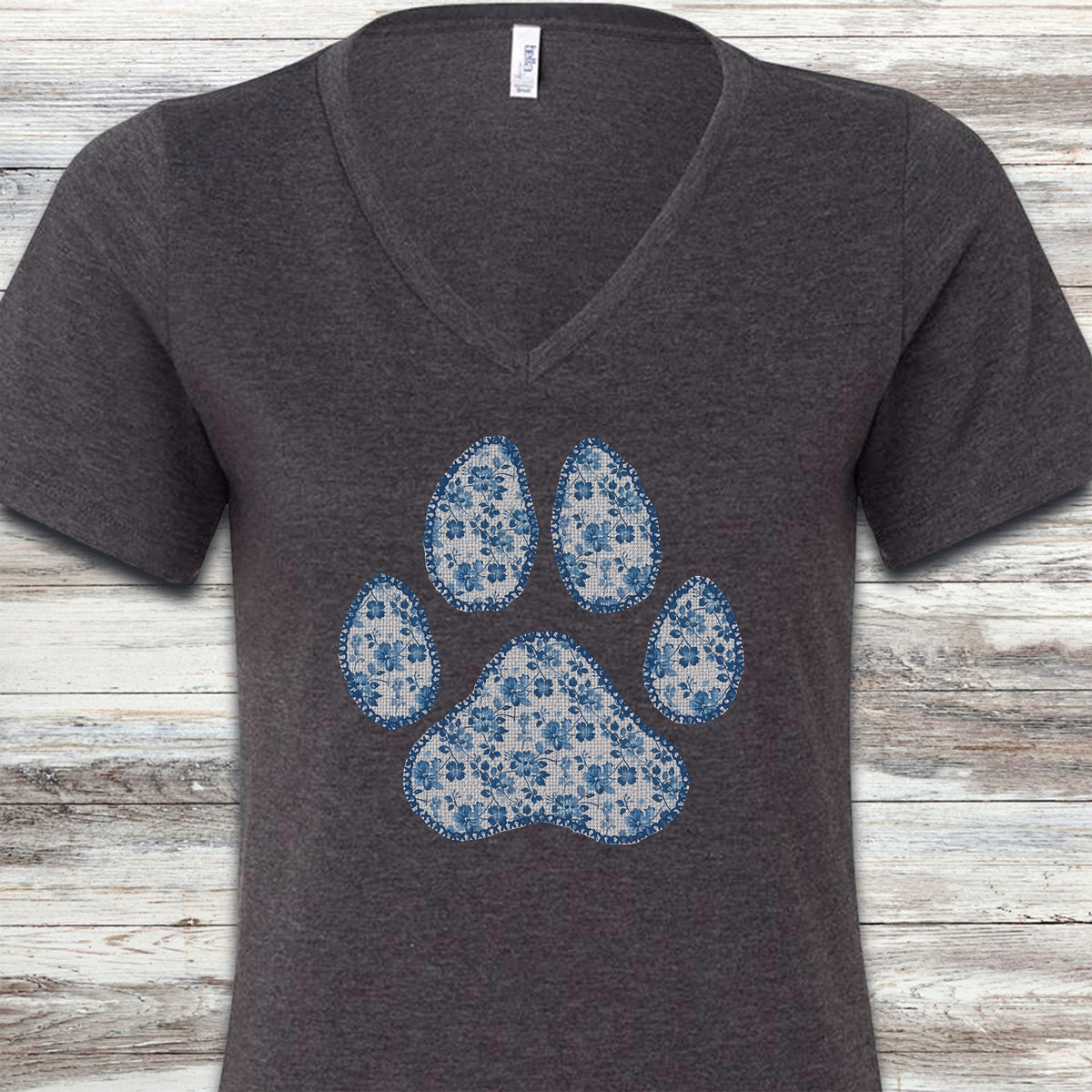 Blue Floral Paw Print V-Neck Tee - Dark Grey Heather