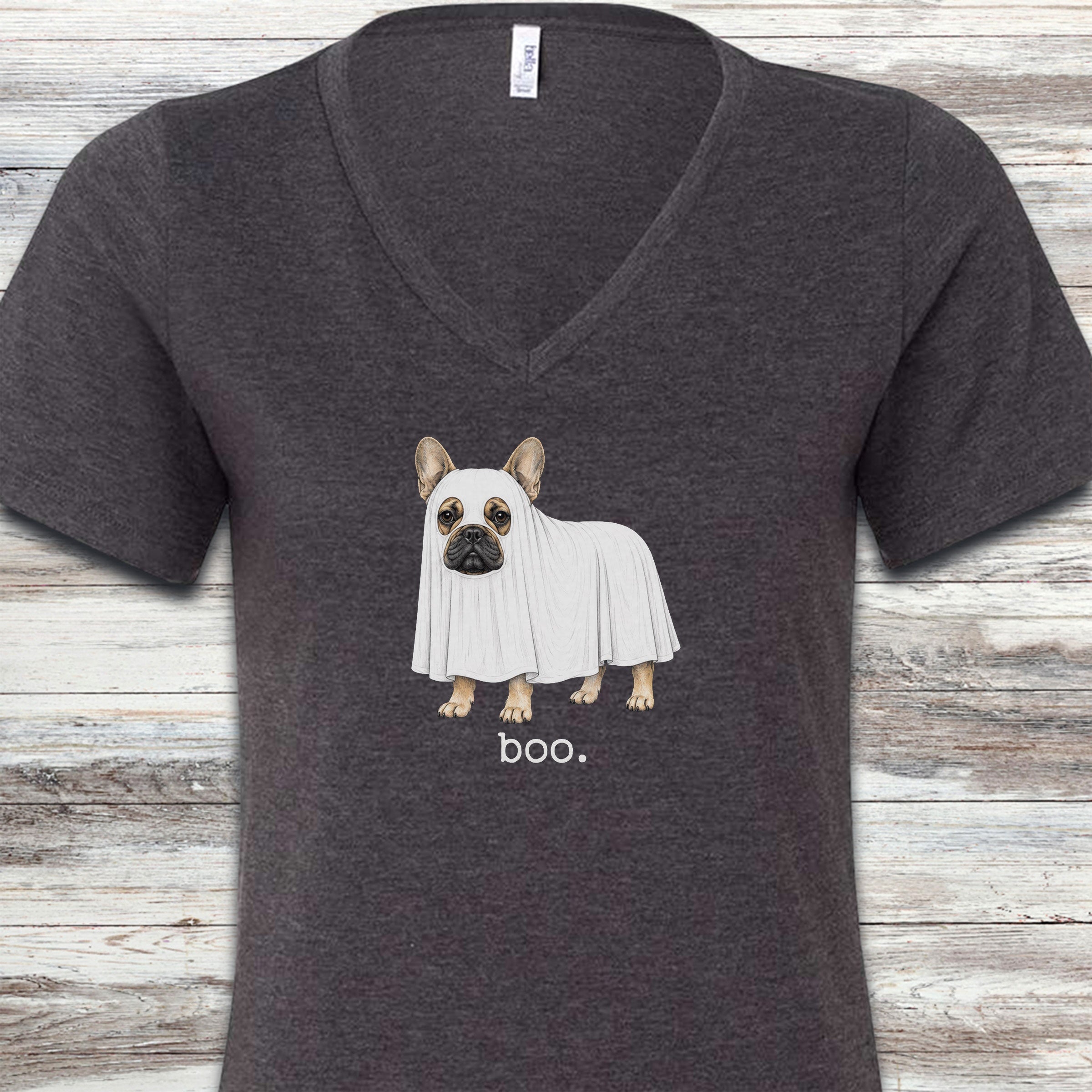 French Bulldog Boo V-Neck Tee - Dark Grey Heather