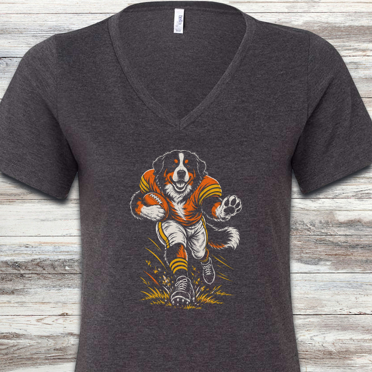 Bernese Mountain Dog Football V-Neck Tee - Dark Grey Heather