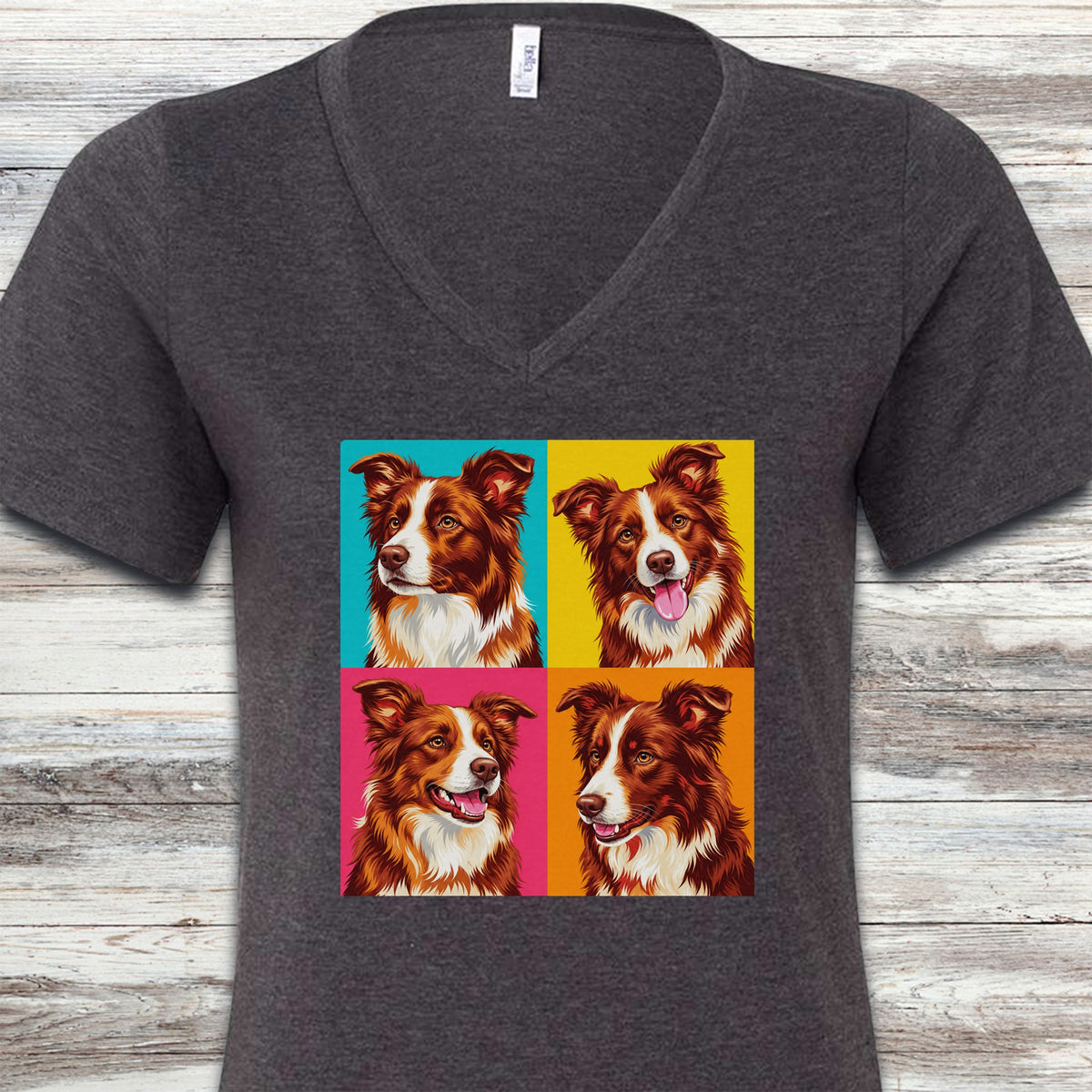 Border Collie Red Pop Art V-Neck Tee - Dark Grey Heather