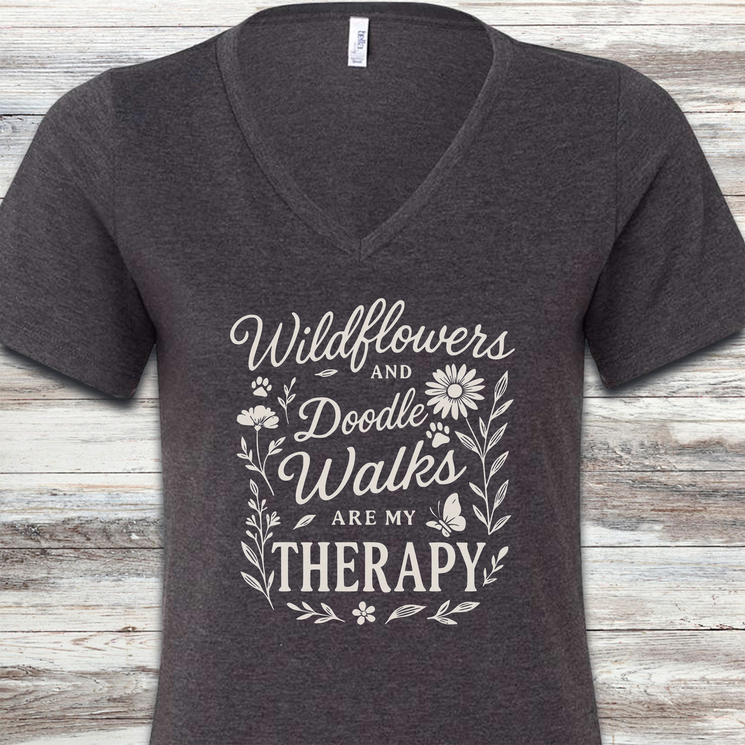 Doodle Walks & Wildflowers V-Neck Tee - Dark Grey Heather