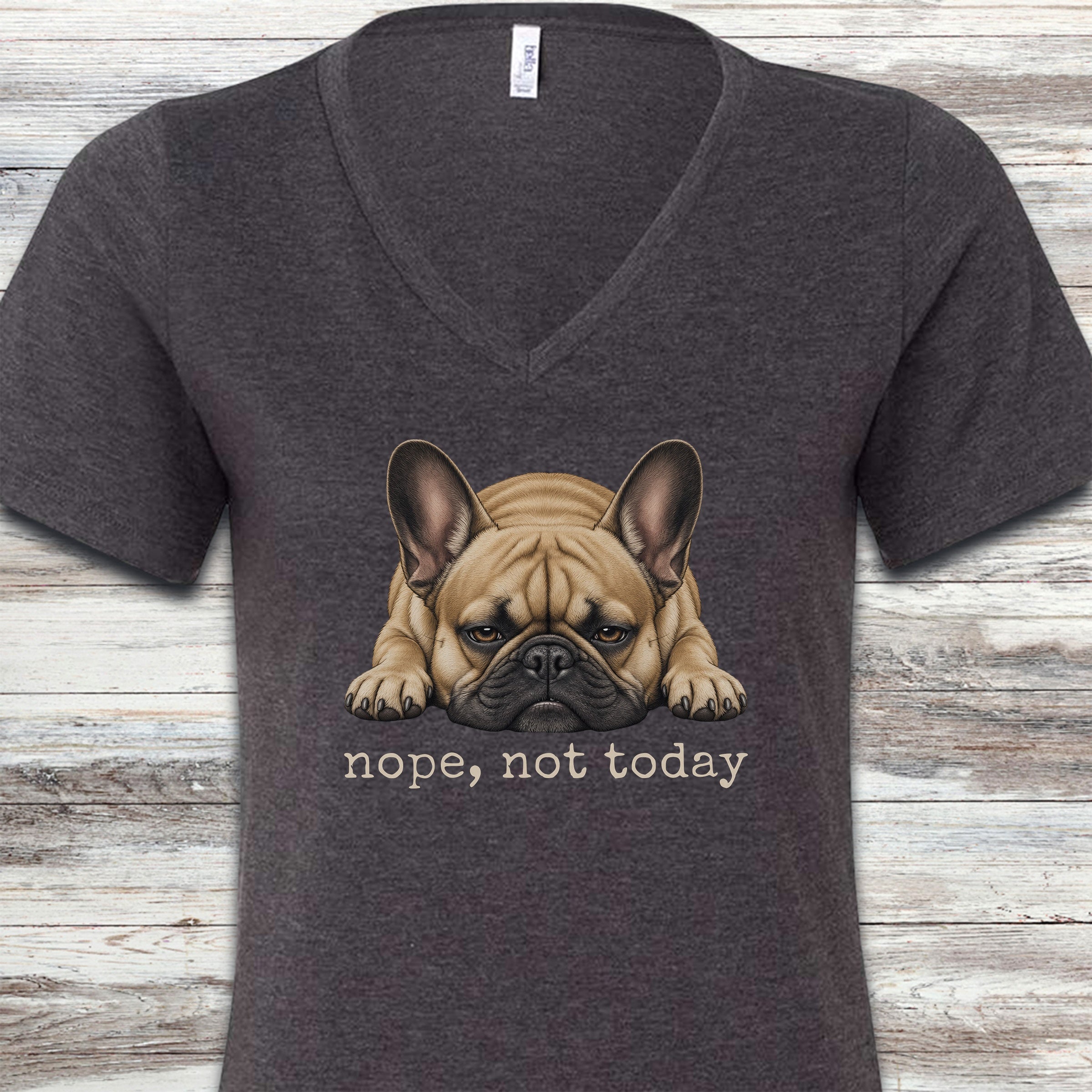 French Bulldog Nope V-Neck Tee - Dark Grey Heather
