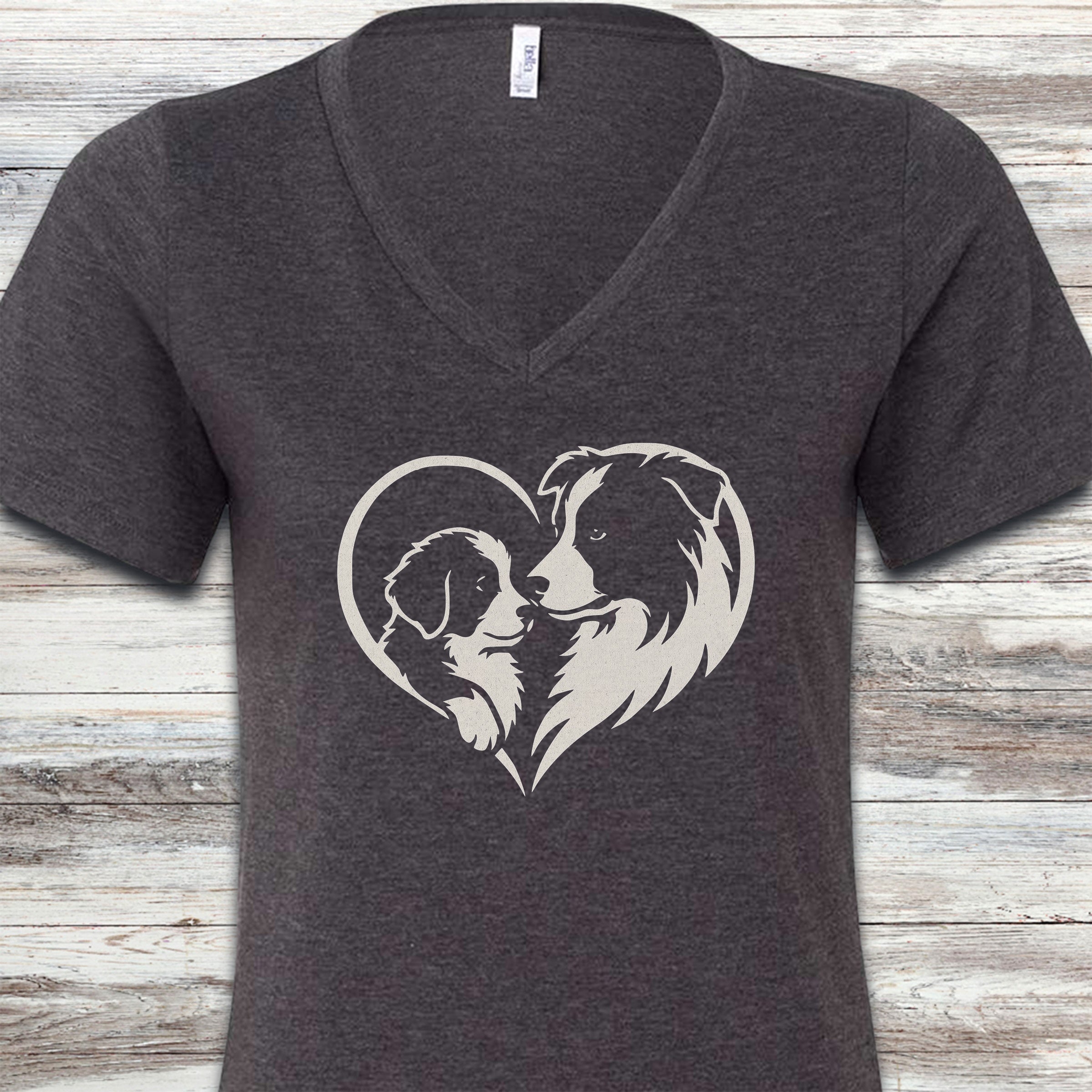 Border Collie Heart Bond V-Neck Tee - Dark Grey Heather
