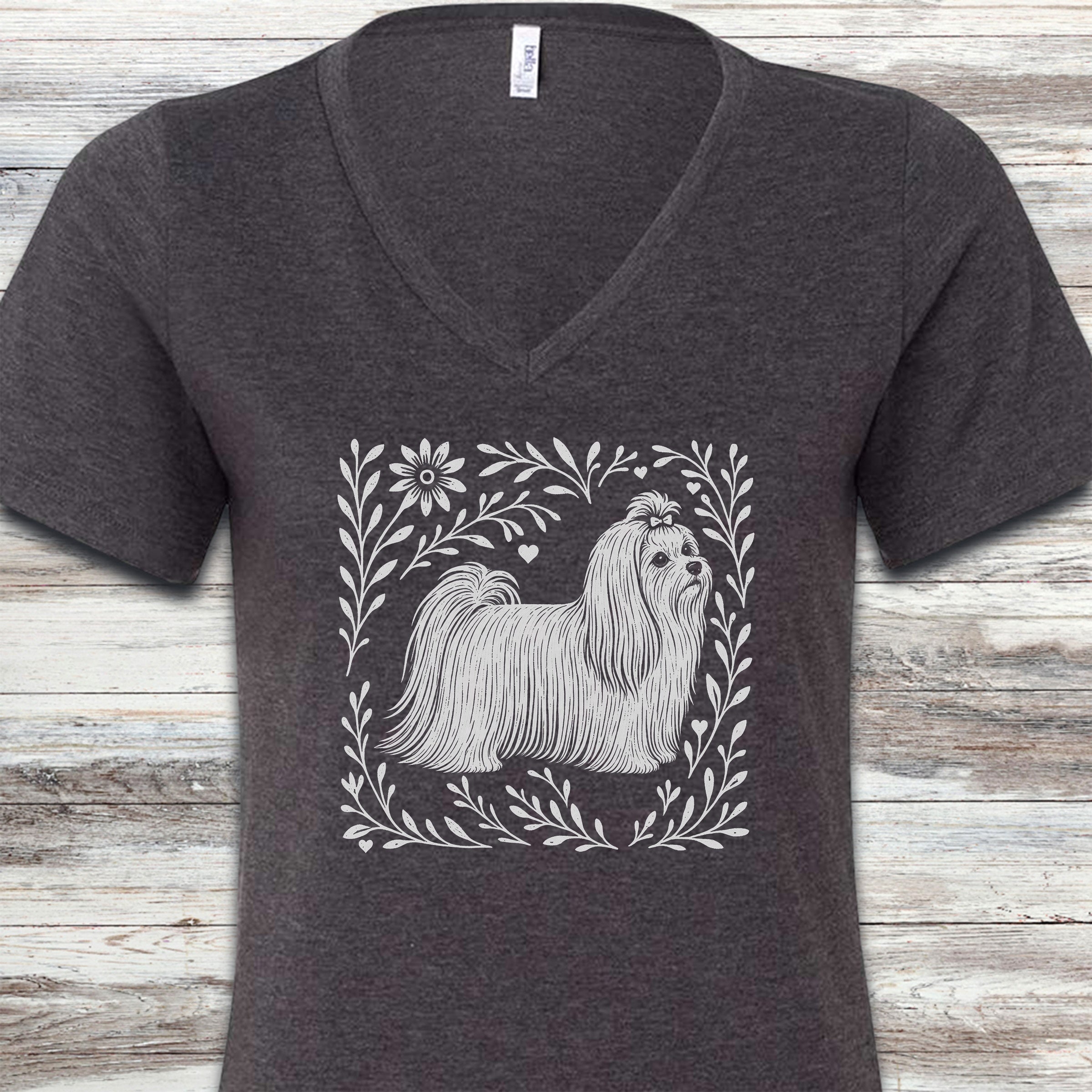 Maltese Linocut V-Neck Tee - Dark Grey Heather