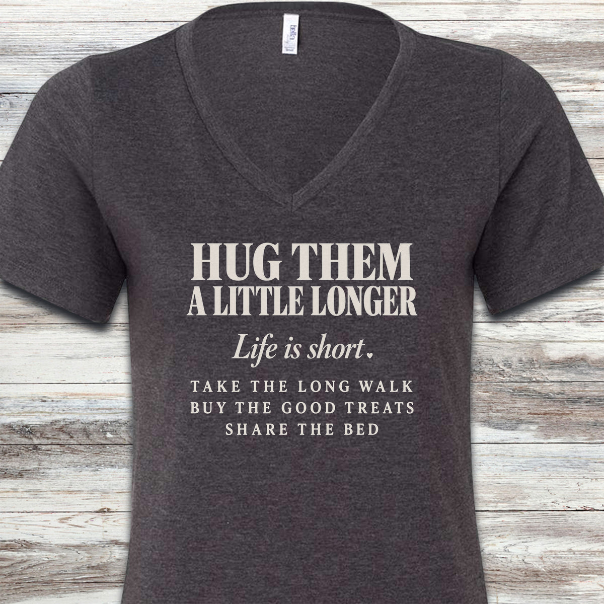 Life Is Short Hug Them V-Neck Tee - Dark Grey Heather