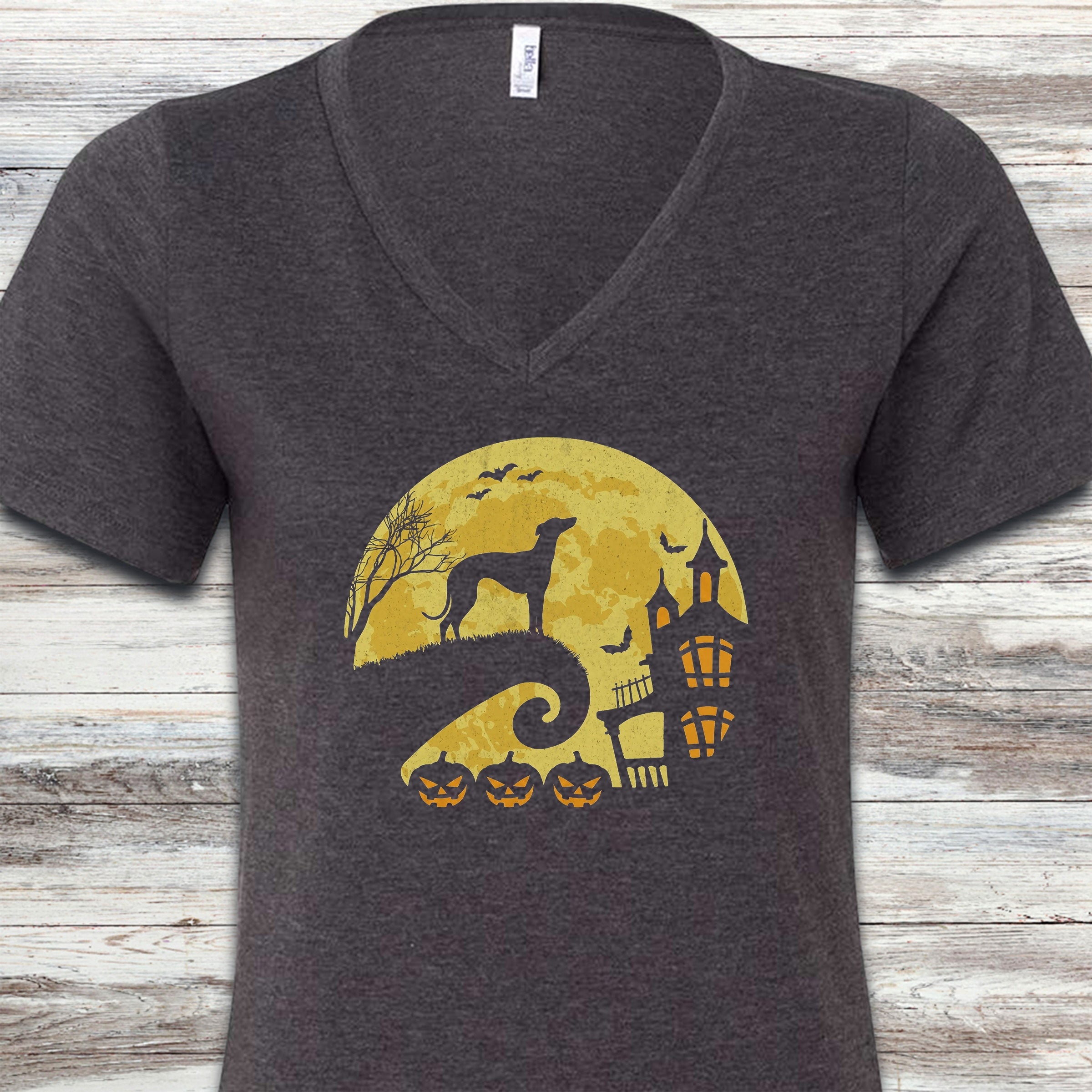 Greyhound Halloween Moon V-Neck Tee - Dark Grey Heather