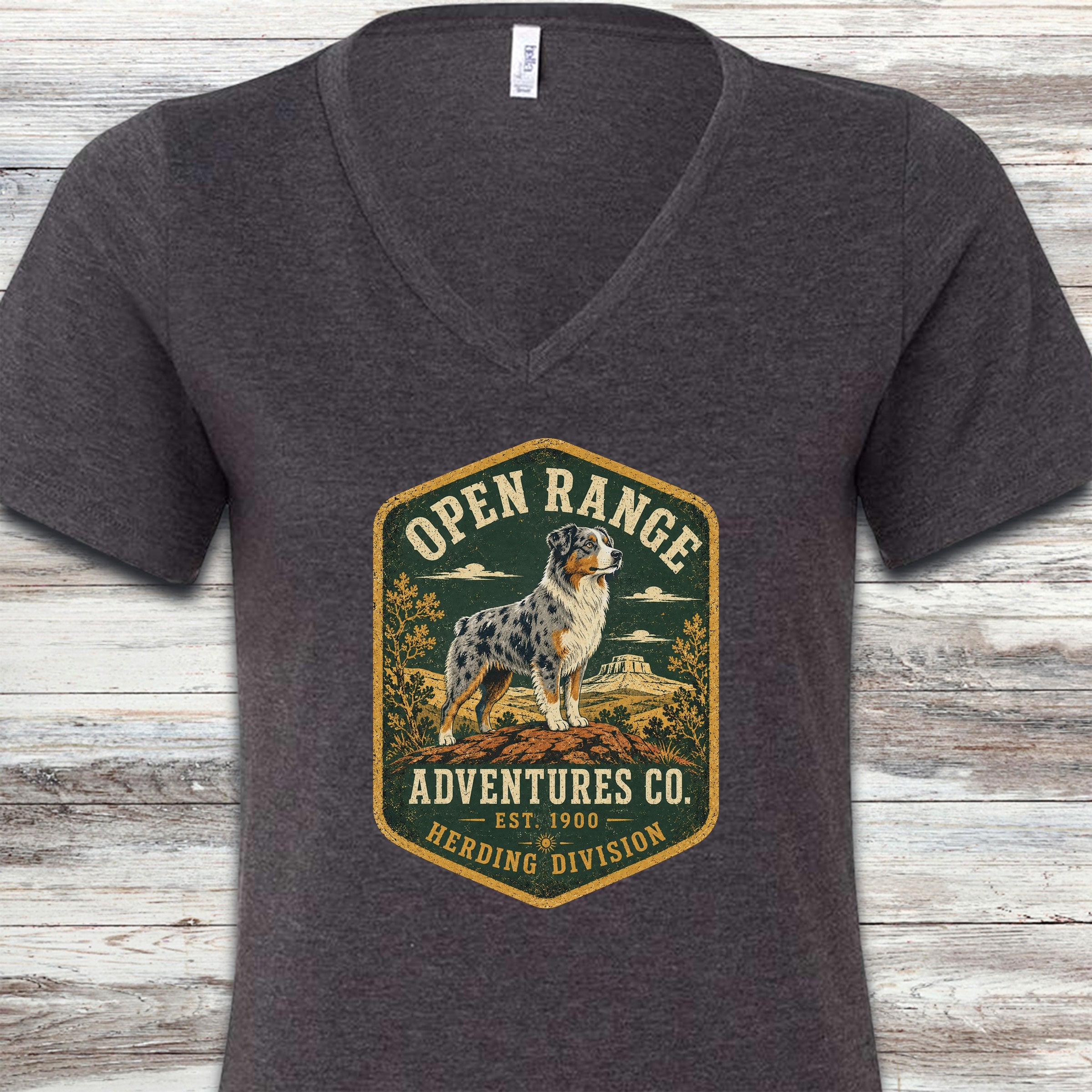 Australian Shepherd Adventures V-Neck Tee - Dark Grey Heather