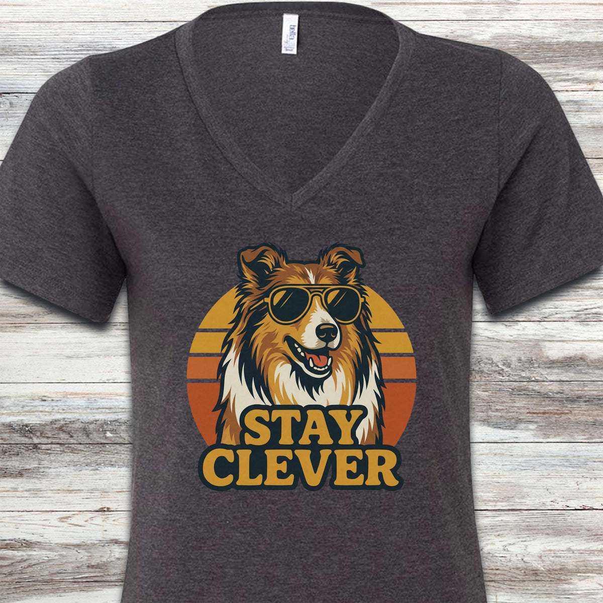 Rough Collie Stay Clever V-Neck Tee - Dark Grey Heather
