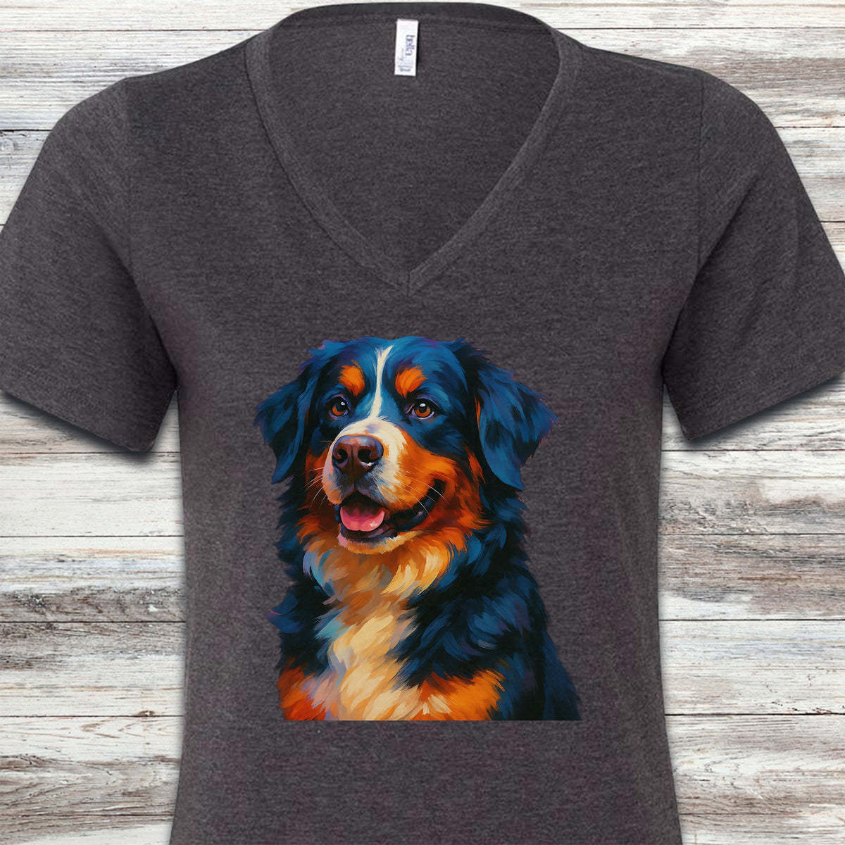 Bernese Mountain Dog Oil Painting V-Neck Tee - Dark Grey Heather