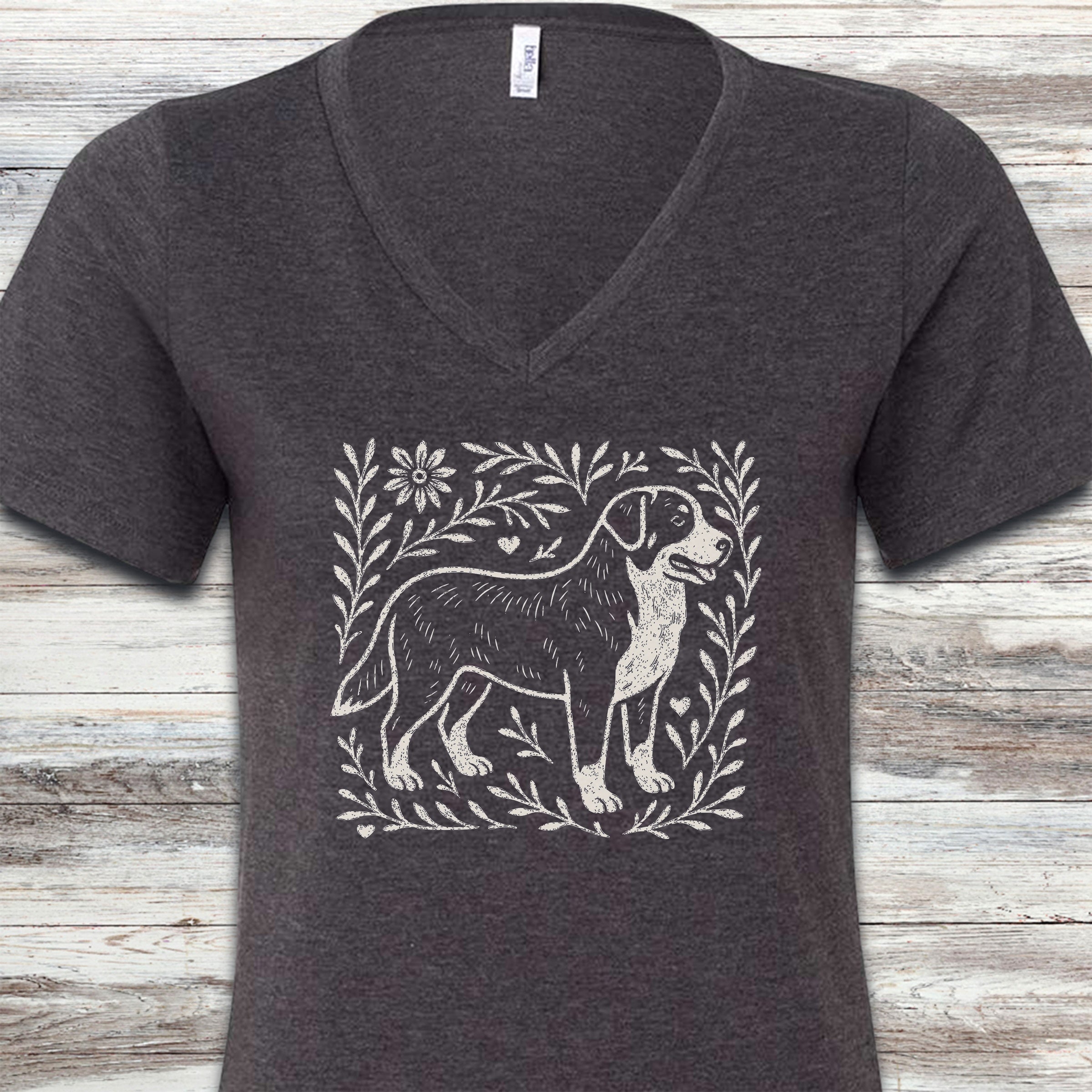 Swiss Mountain Dog Linocut V-Neck Tee - Dark Grey Heather