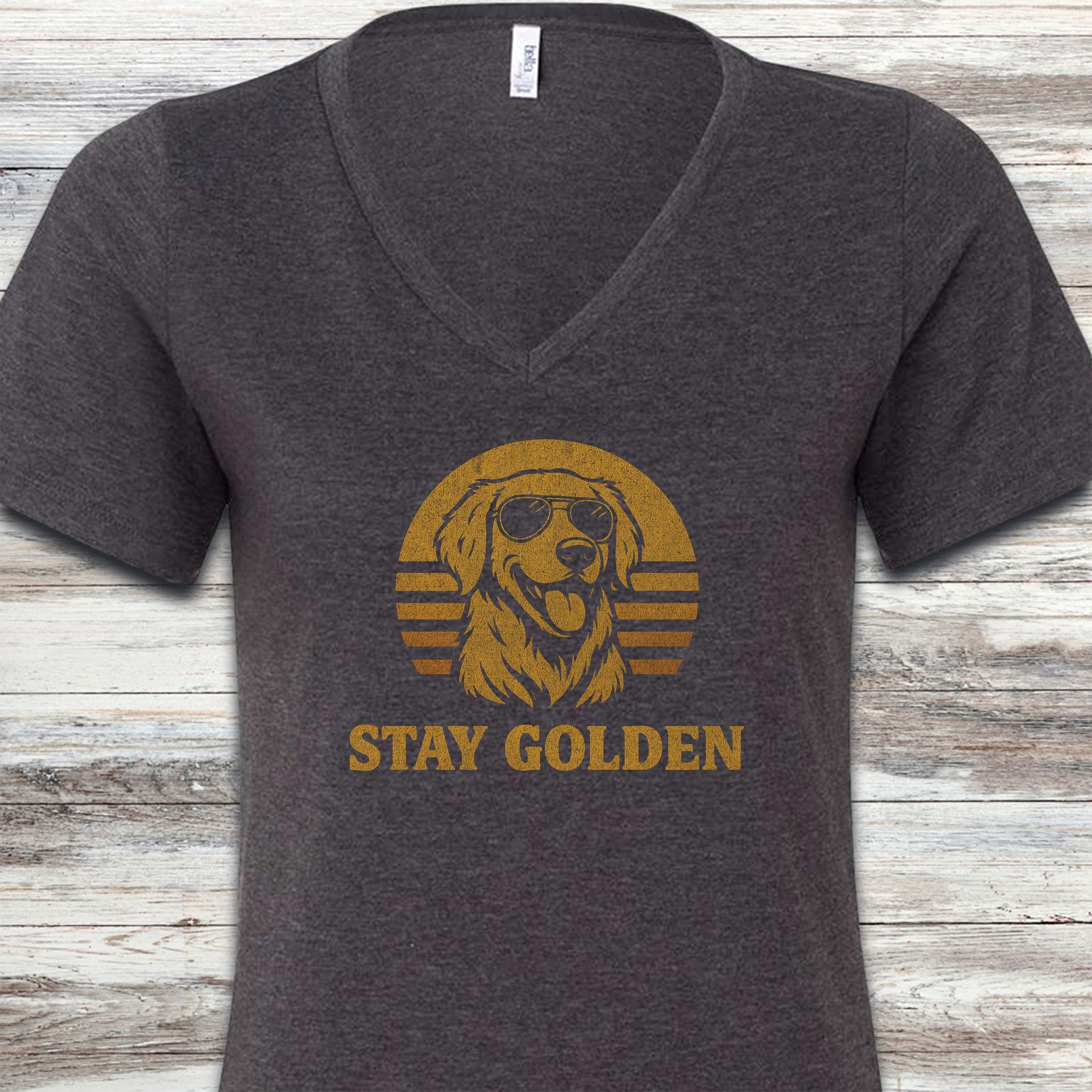 Golden Retriever Retro Stay Golden V-Neck Tee - Dark Grey Heather