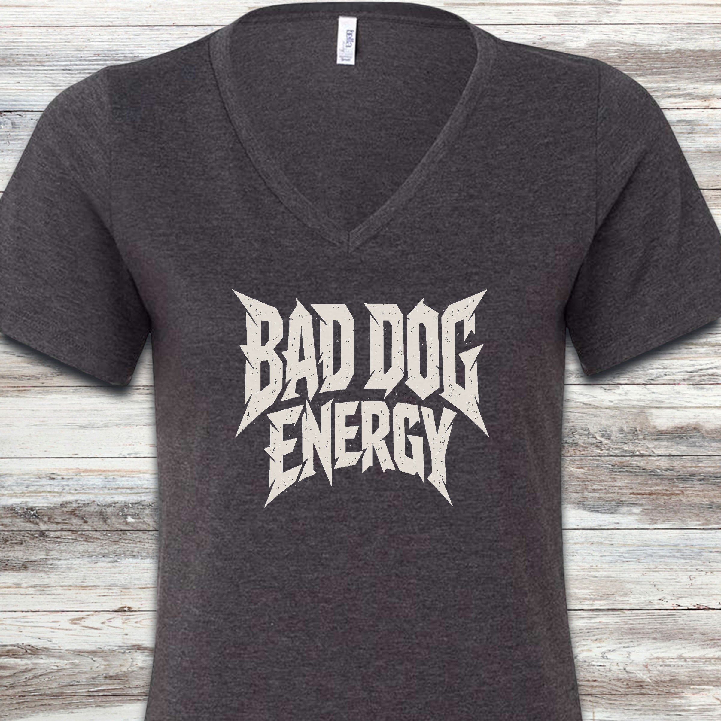 Bad Dog Energy V-Neck Tee - Dark Grey Heather