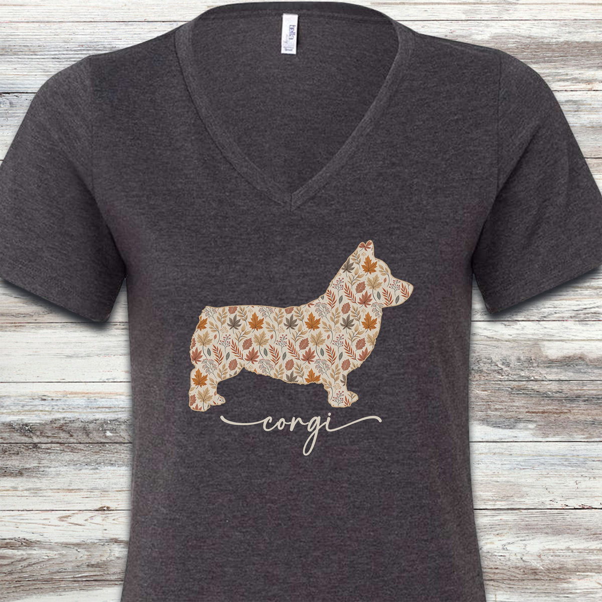 Corgi Fall V-Neck Tee - Dark Grey Heather