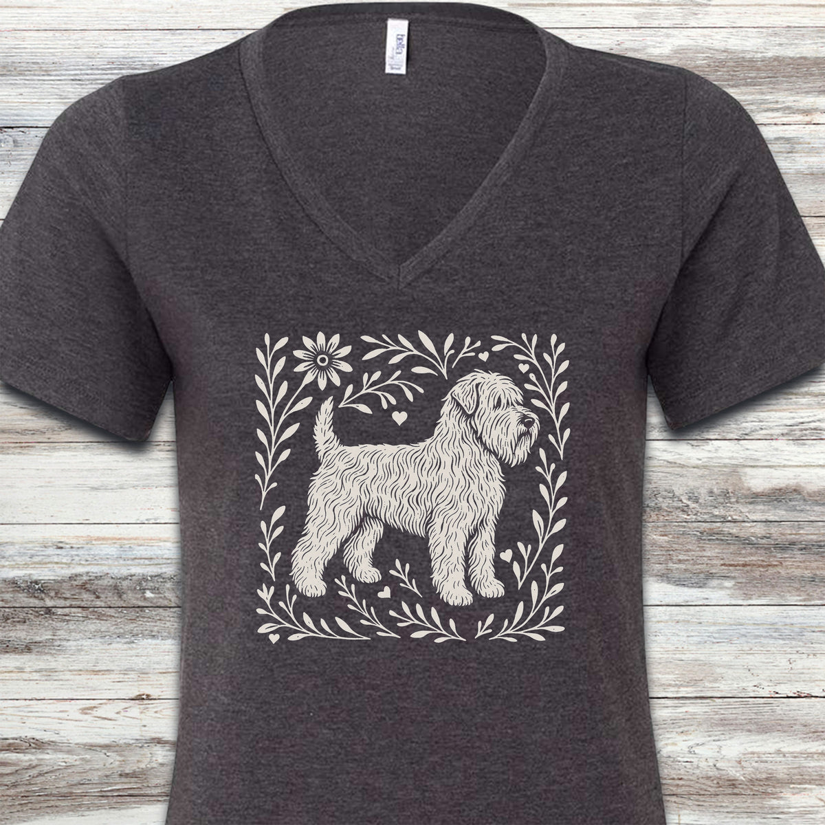 Wheaten Terrier Linocut V-Neck Tee - Dark Grey Heather