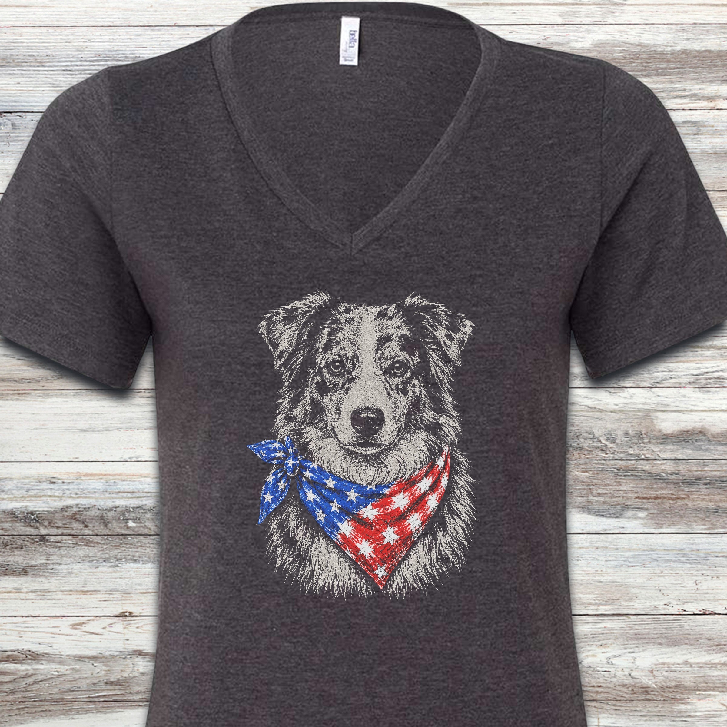 Australian Shepherd Merle Patriot V-Neck Tee - Dark Grey Heather
