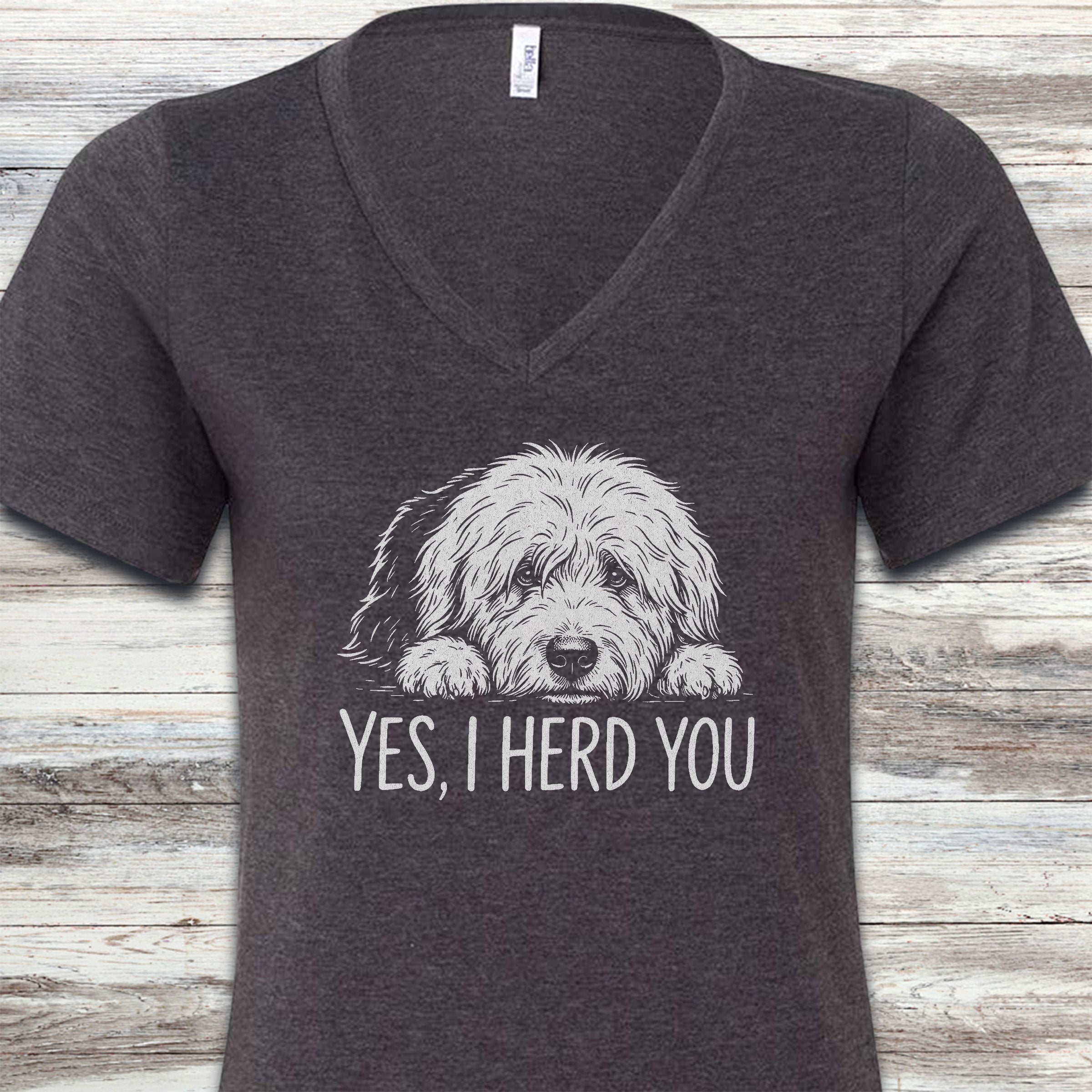 Old English Sheepdog Herd You V-Neck Tee - Dark Grey Heather