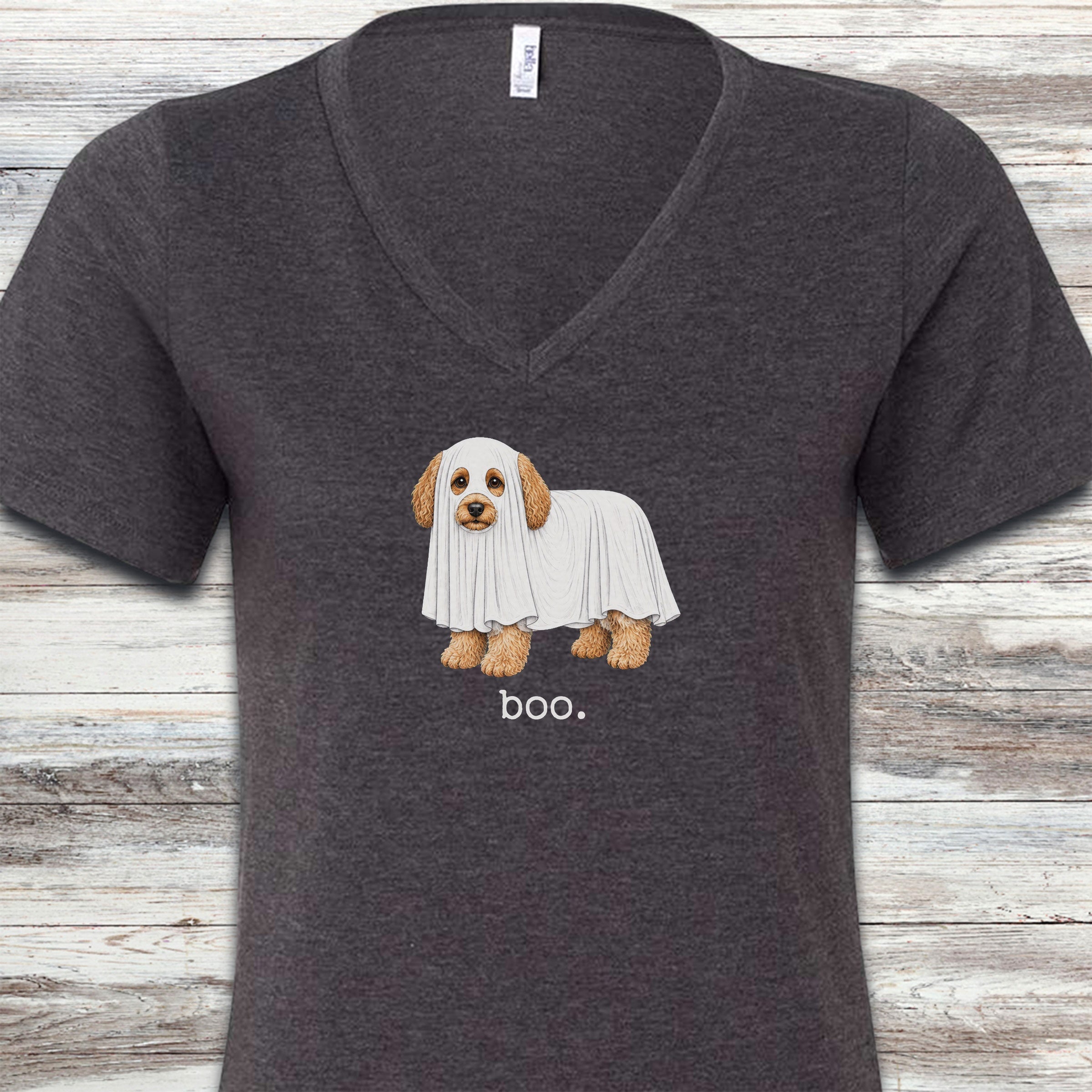 Cavapoo Boo V-Neck Tee - Dark Grey Heather