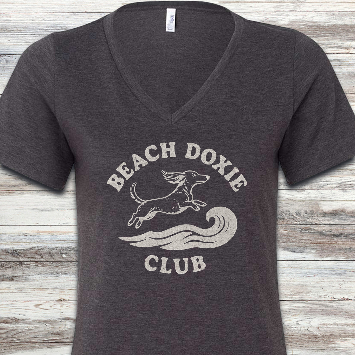 Dachshund Beach Doxie V-Neck Tee - Dark Grey Heather