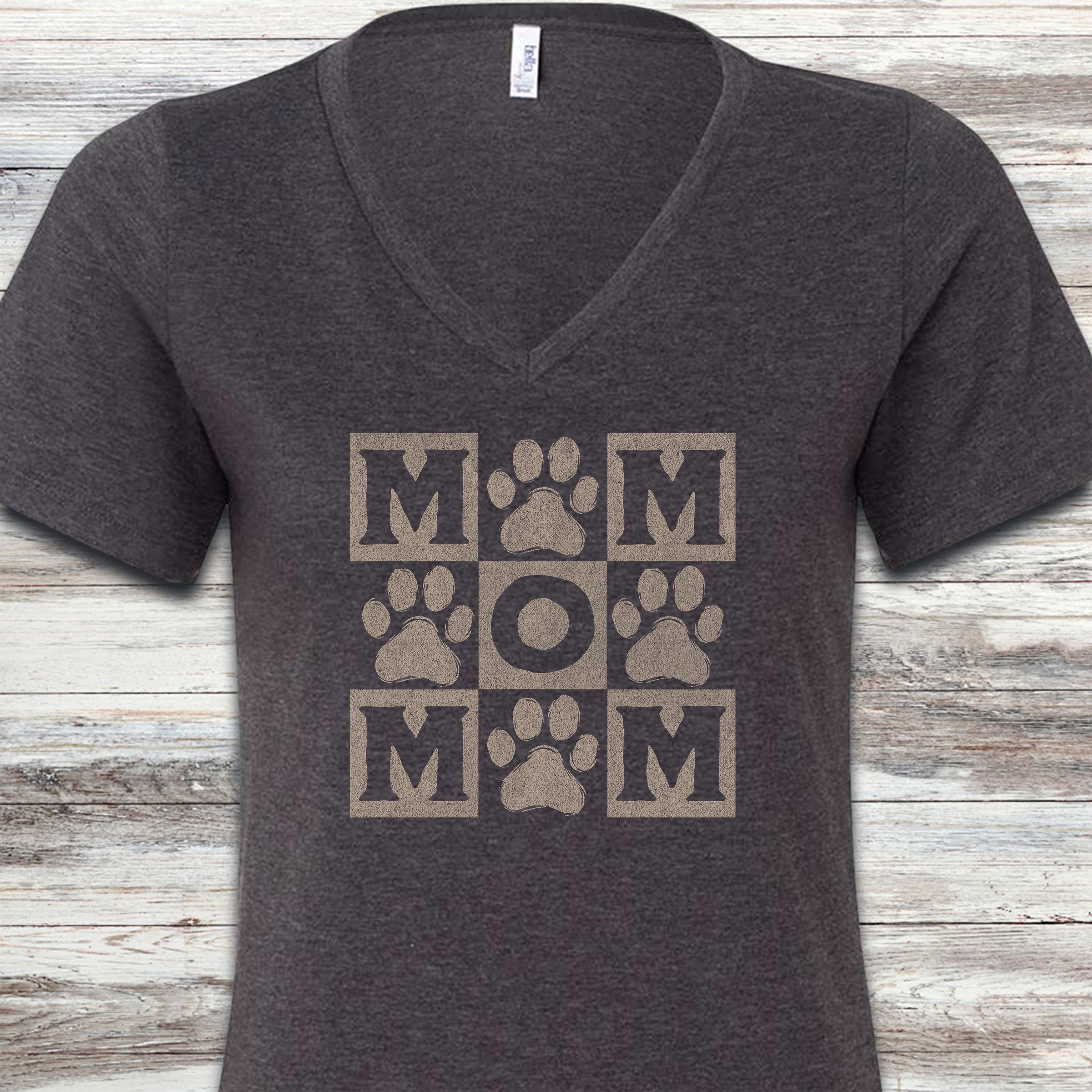 Paw Print Mom V-Neck Tee - Dark Grey Heather