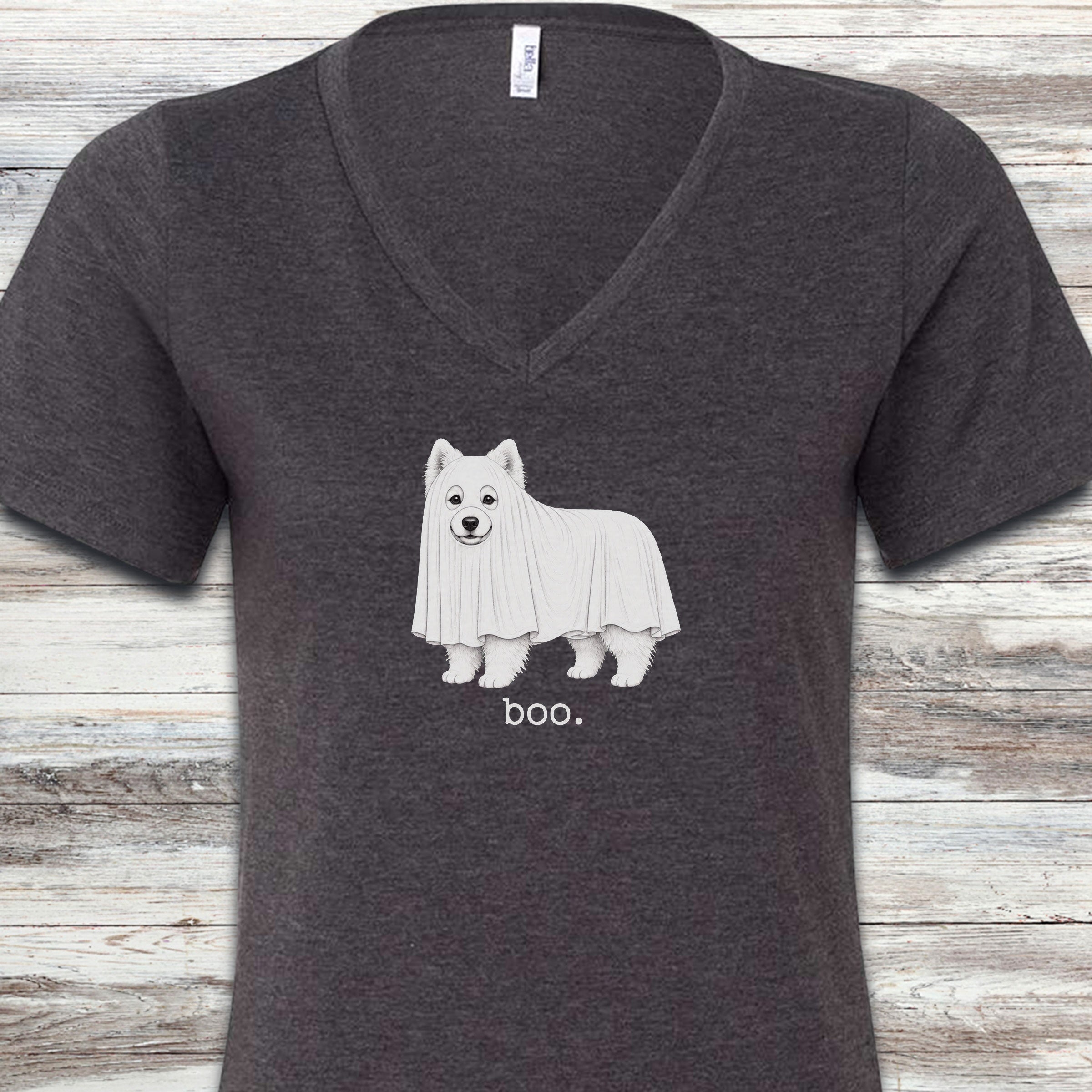 Samoyed Boo V-Neck Tee - Dark Grey Heather