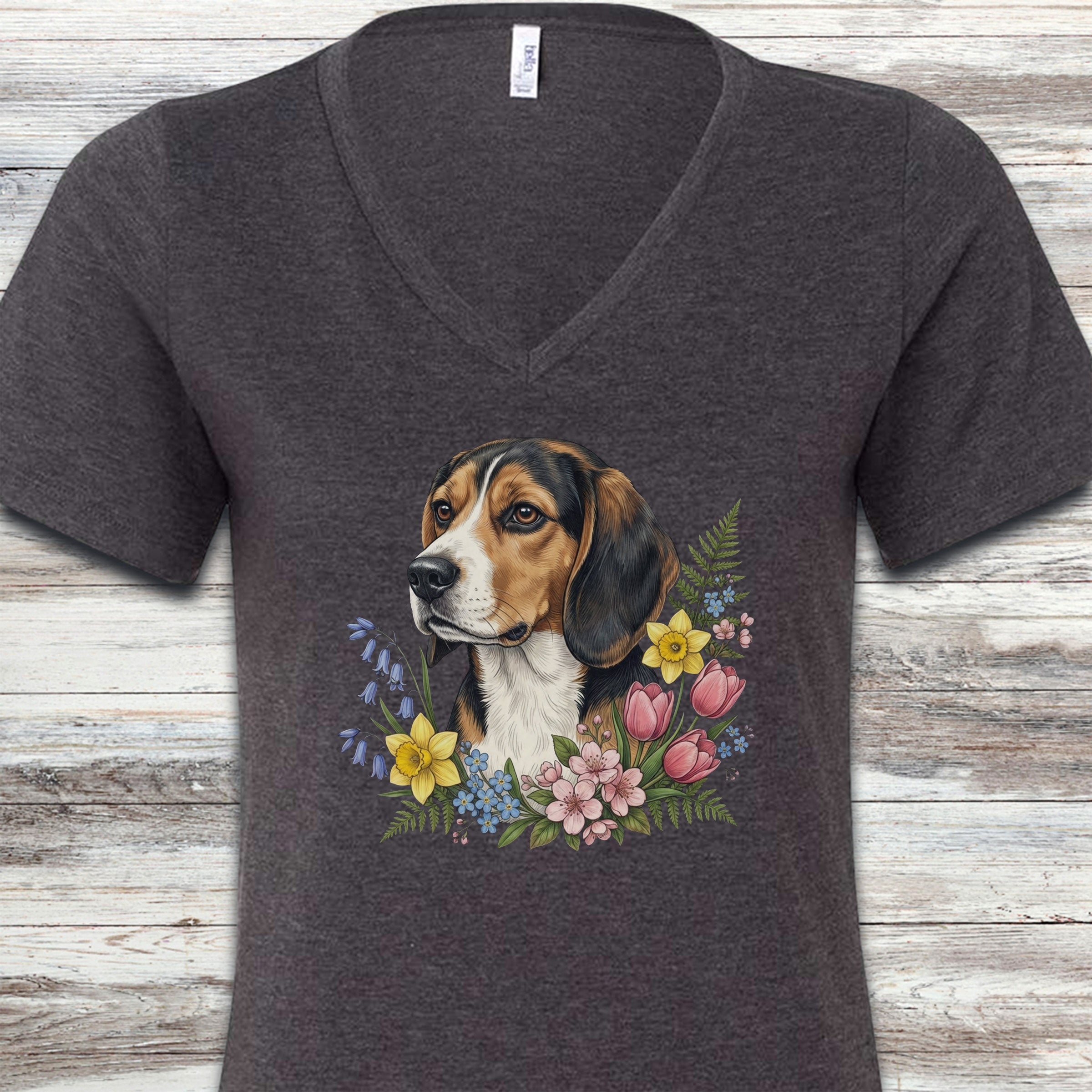 Beagle Spring Portrait V-Neck Tee - Dark Grey Heather