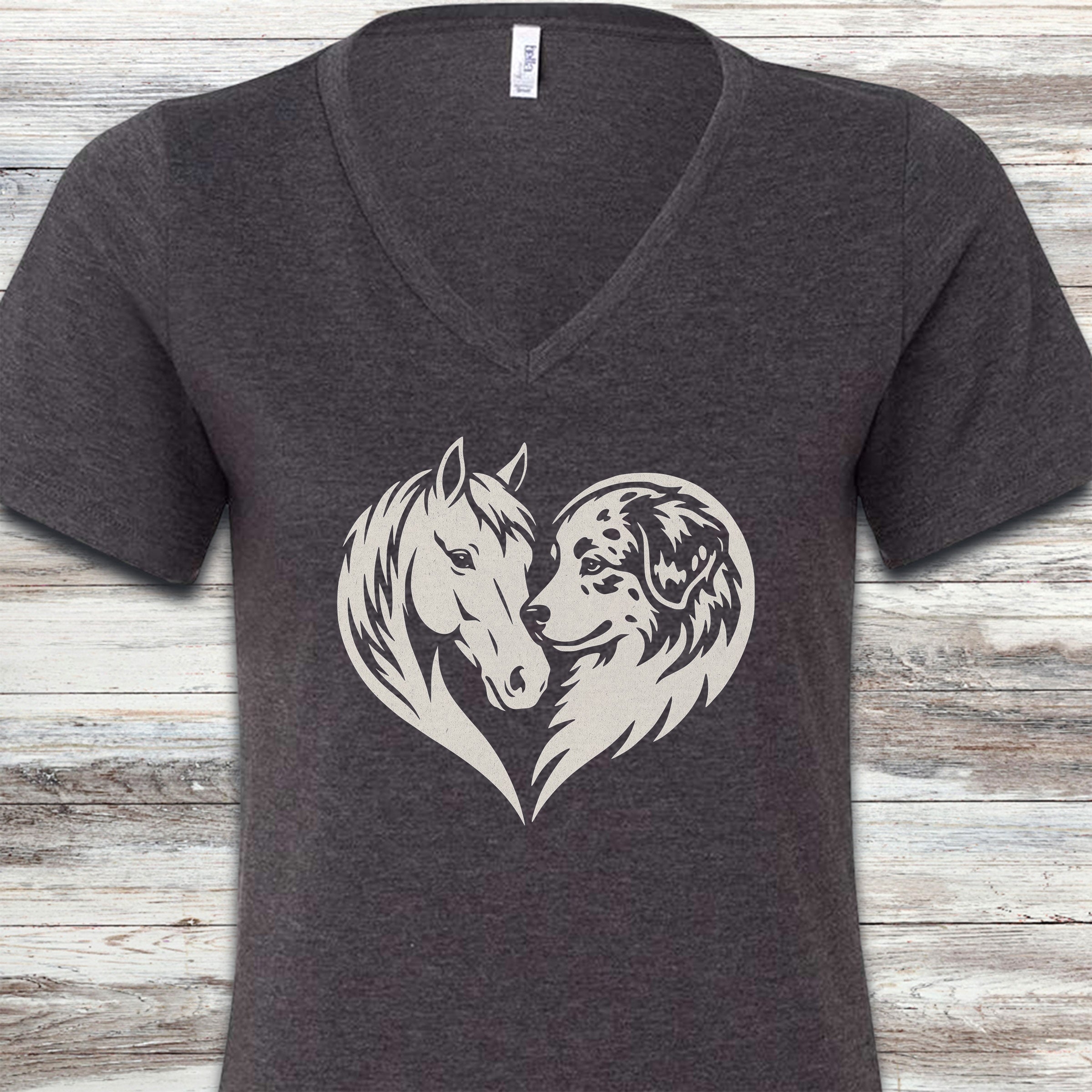 Australian Shepherd Horse Heart Bond V-Neck Tee - Dark Grey Heather