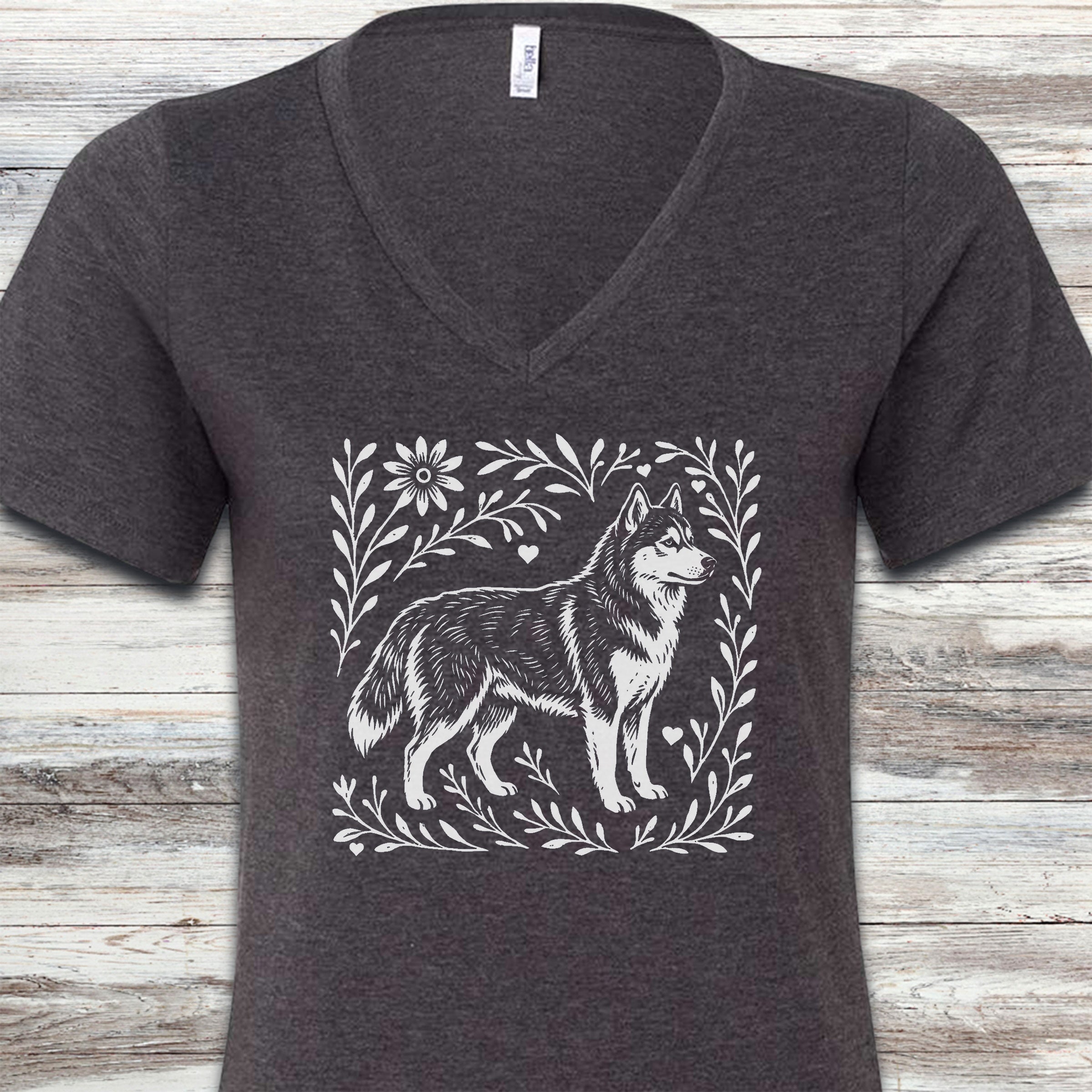 Husky Linocut V-Neck Tee - Dark Grey Heather