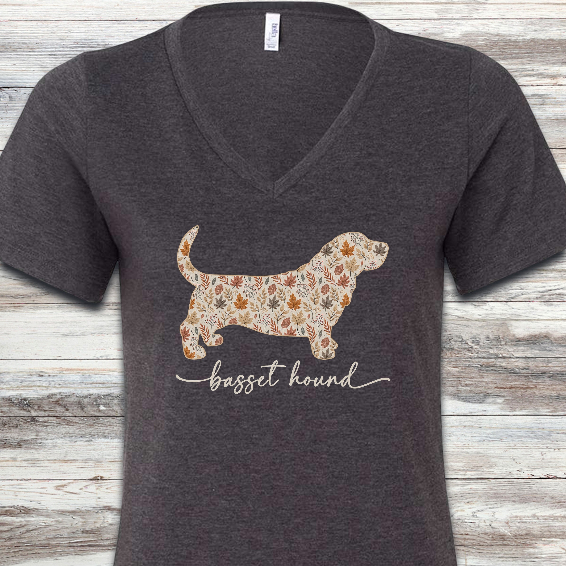 Basset Hound Fall V-Neck Tee - Dark Grey Heather