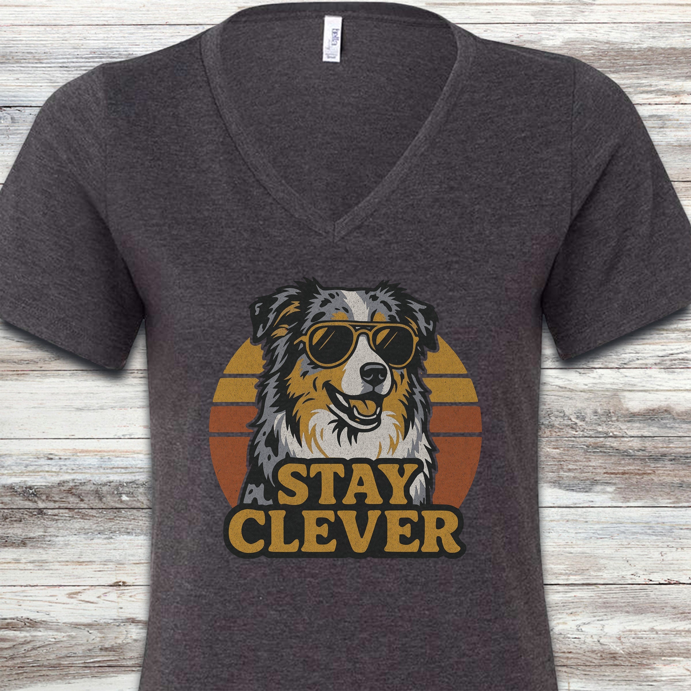 Australian Shepherd Stay Clever V-Neck Tee - Dark Grey Heather
